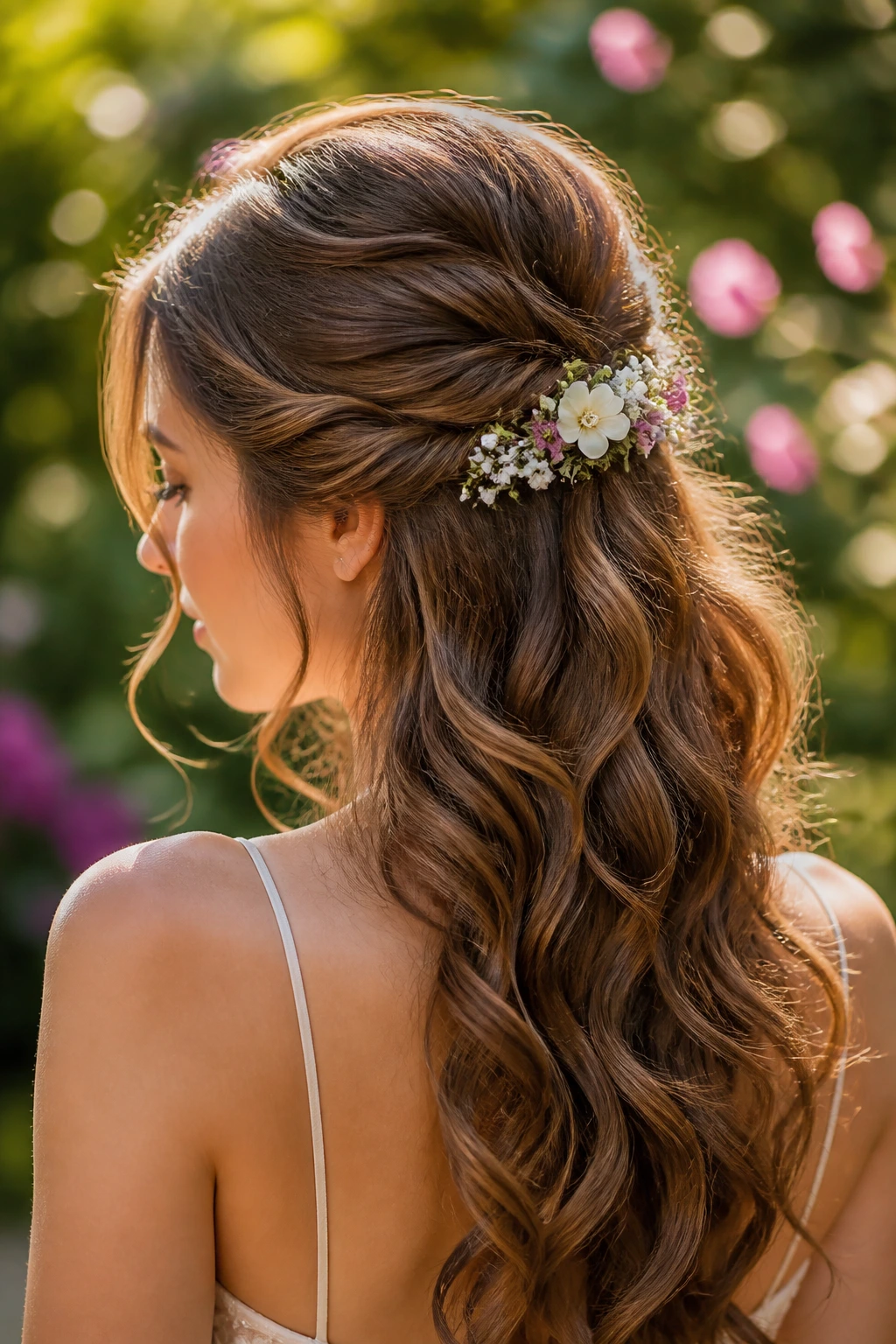 Close-up of a real woman with a floral half-up hairstyle and soft volume in natural light