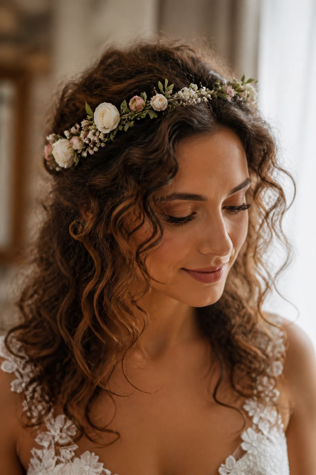 Close-up of bride wearing floral half-wreath with loose curls