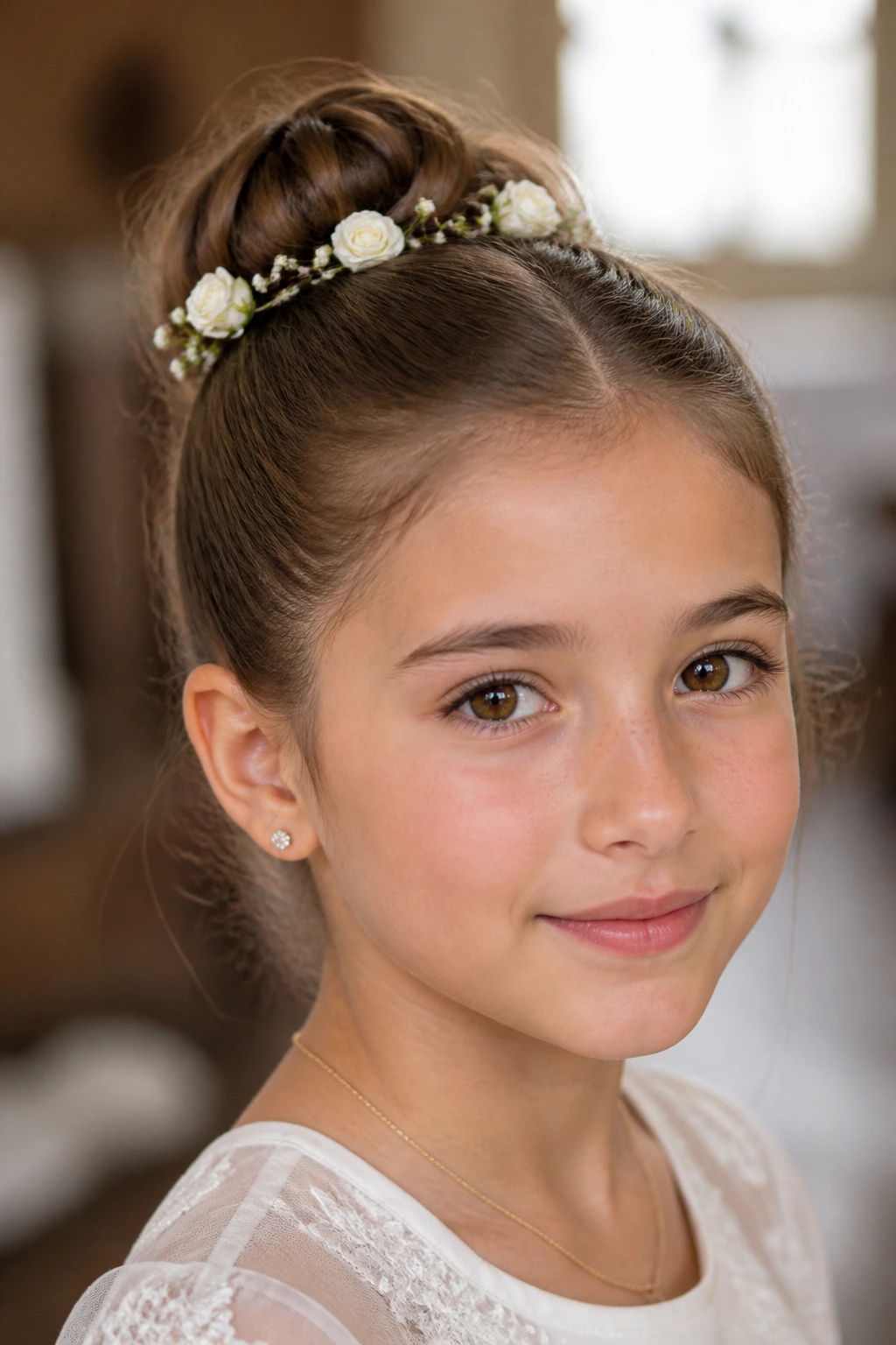 Close-up of a real child with a floral halo bun in a church setting