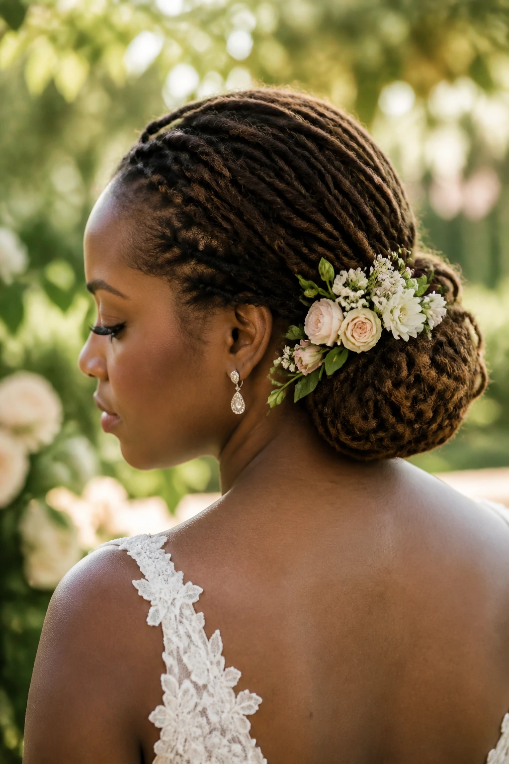 Bride with low bun and blooms tucked at the nape