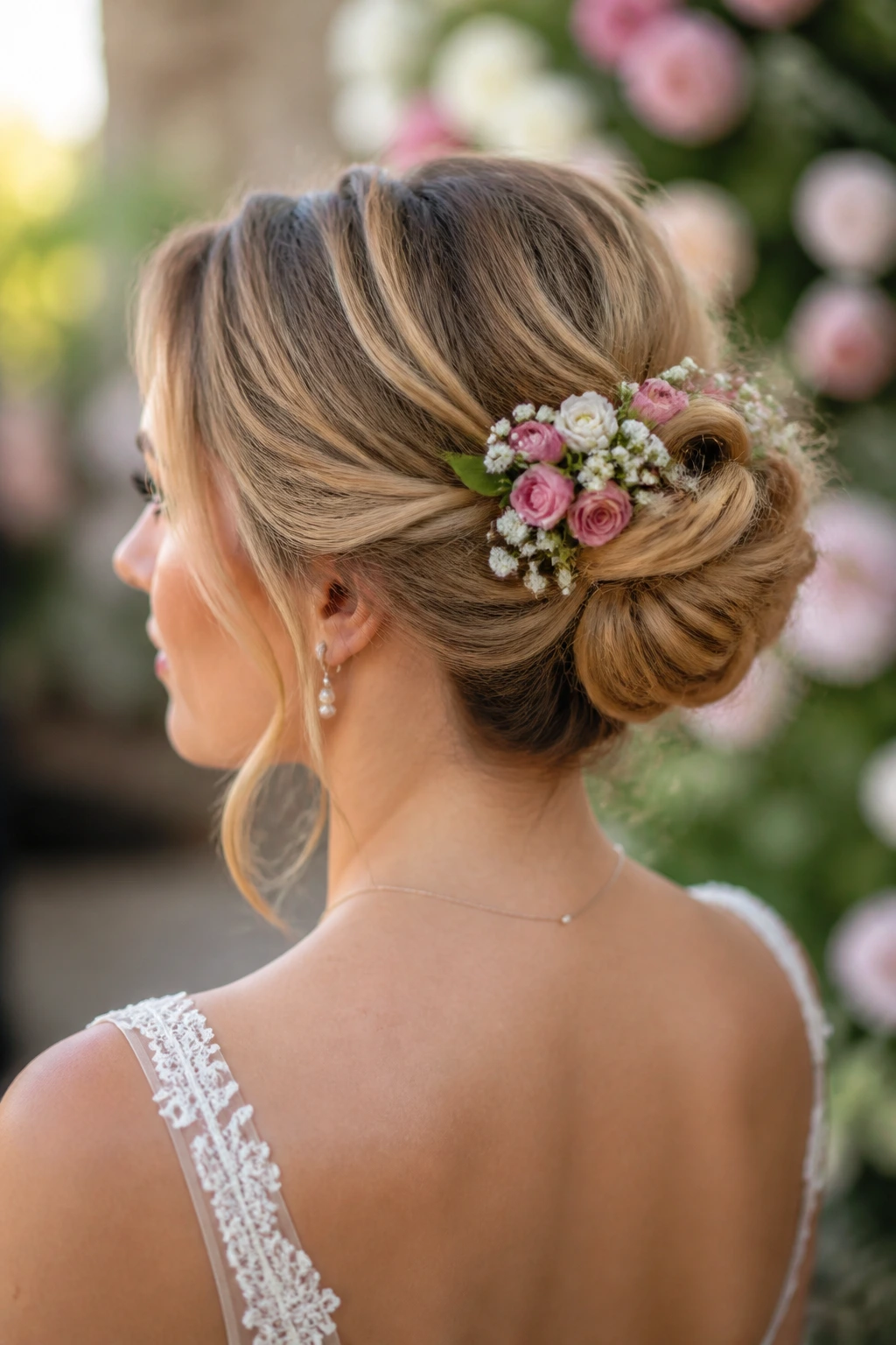 Real bride with floral nest bun and fresh flowers tucked into bun