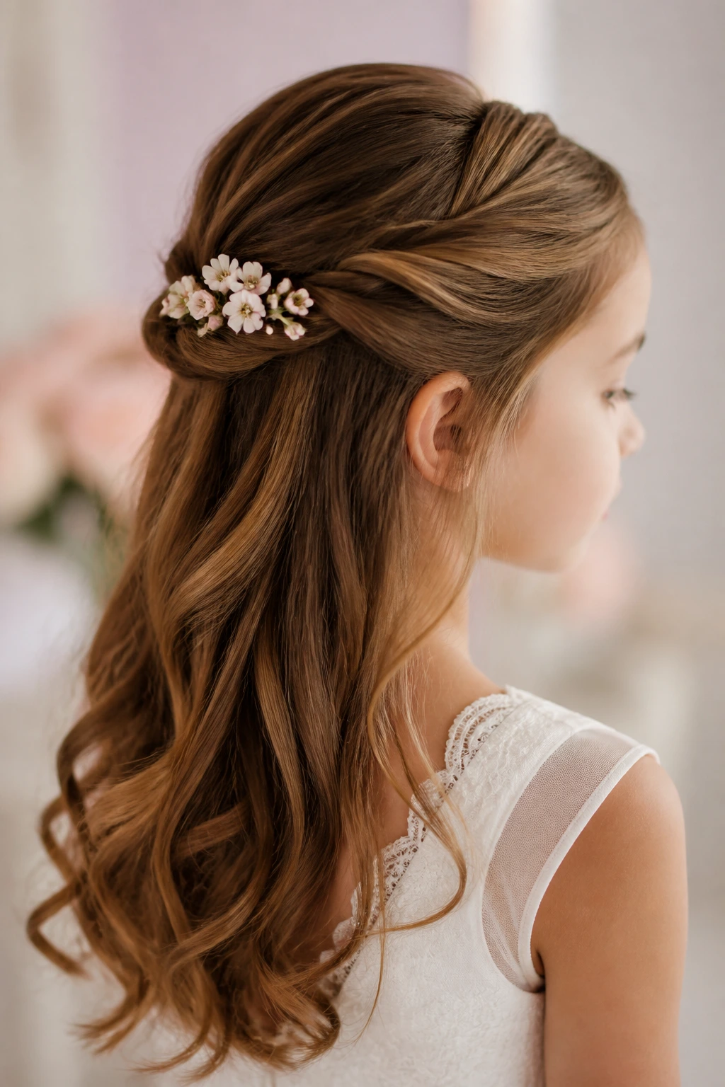 Close-up portrait of a real girl with floral pins in a half-up hairstyle.