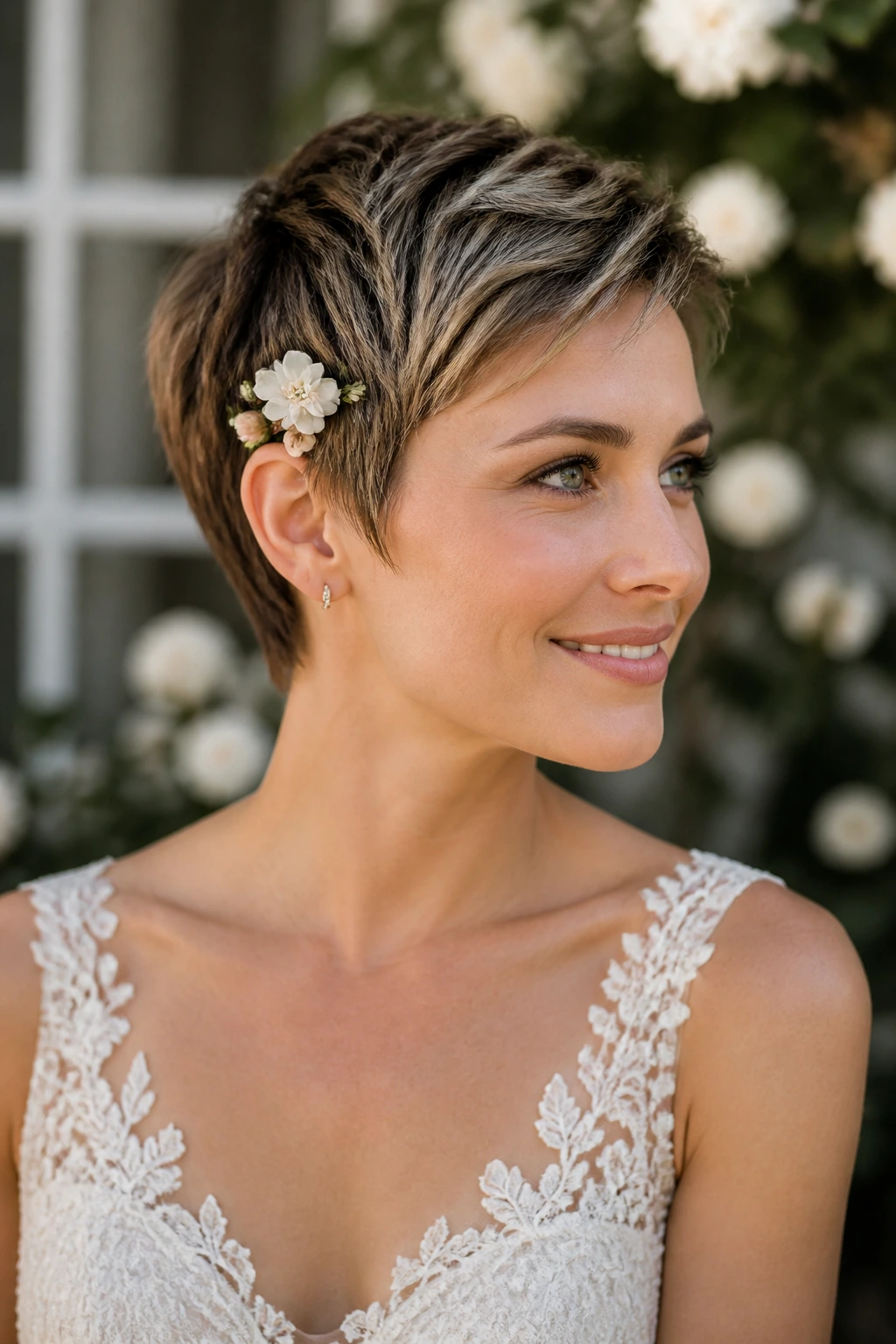 Close-up of a bride with a pixie hairstyle and small floral pin
