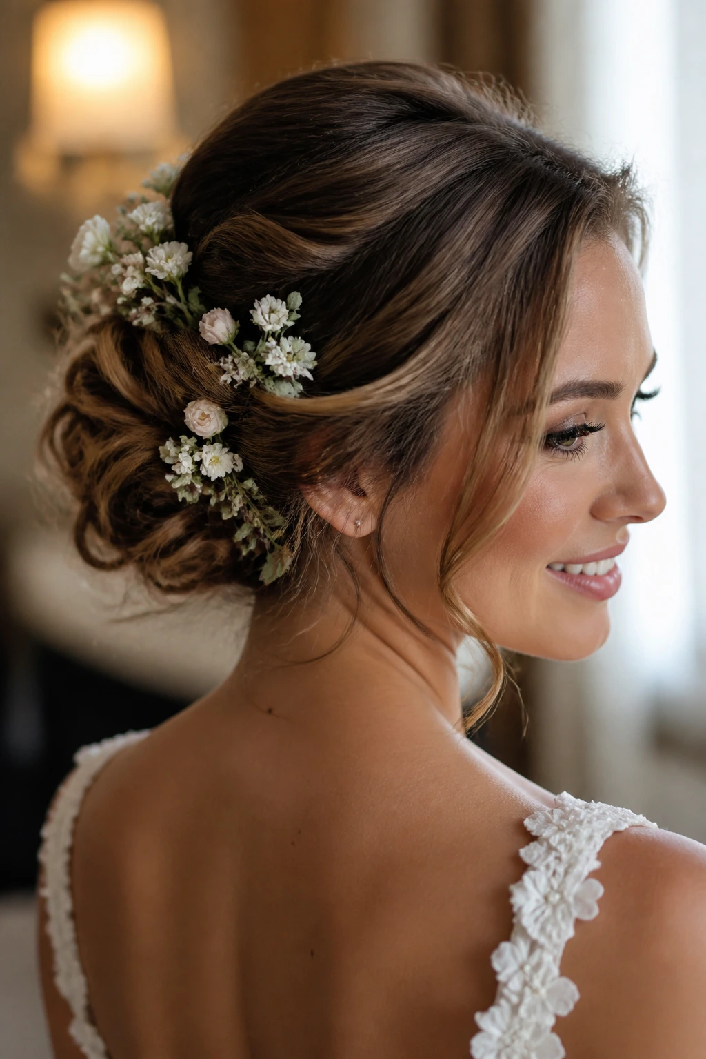 Real bride with floral pinned updo featuring small flowers tucked into twists