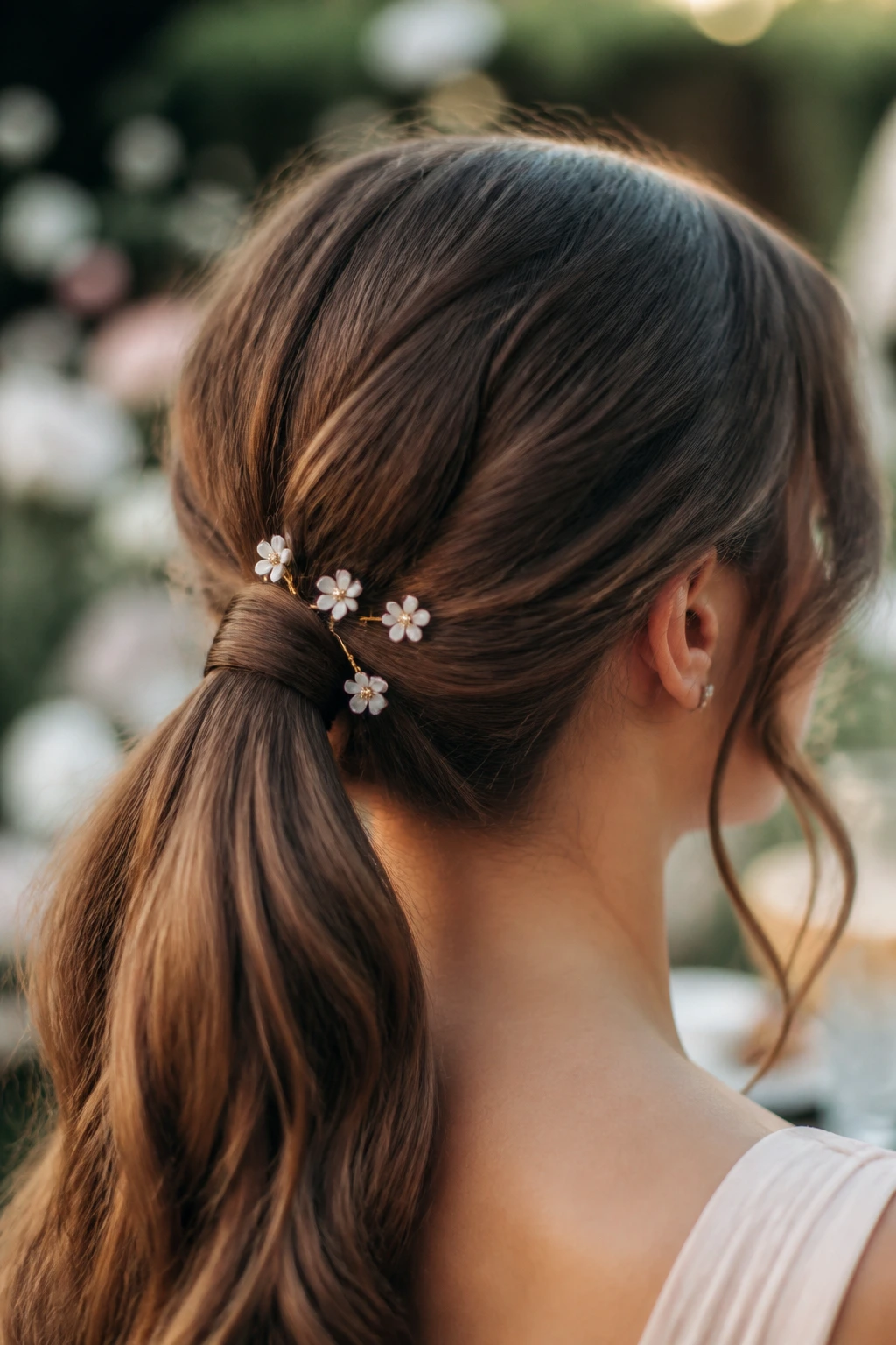 Close-up of Floral Pin Scatter Ponytail with tiny floral pins