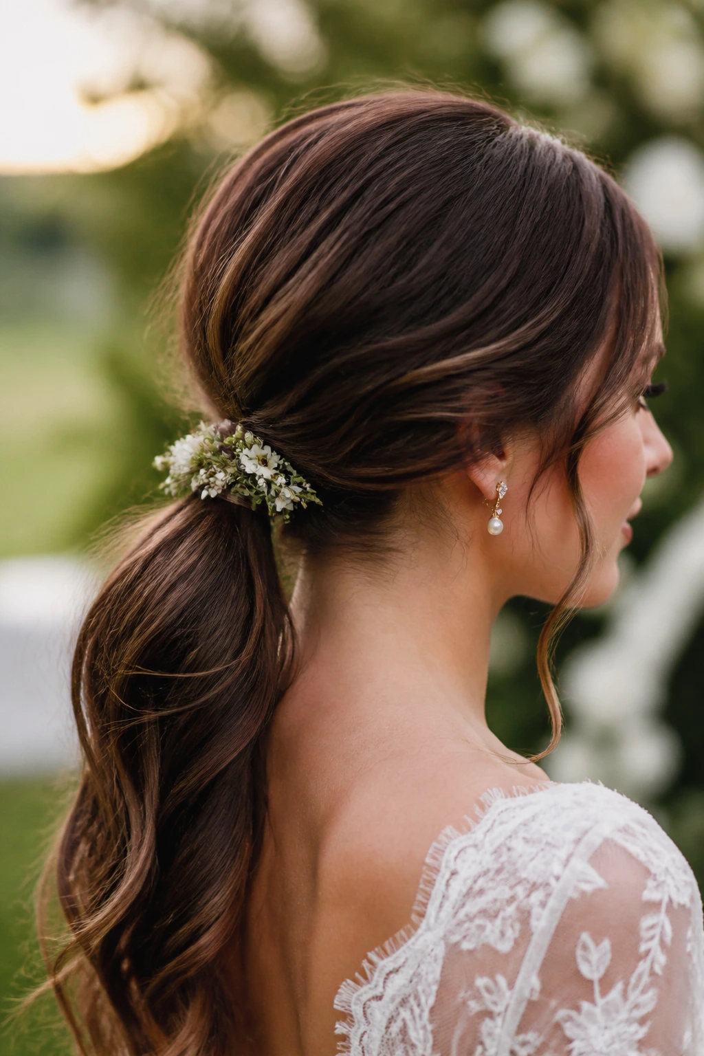 Real bride with a low ponytail accented by small floral pins in a garden setting