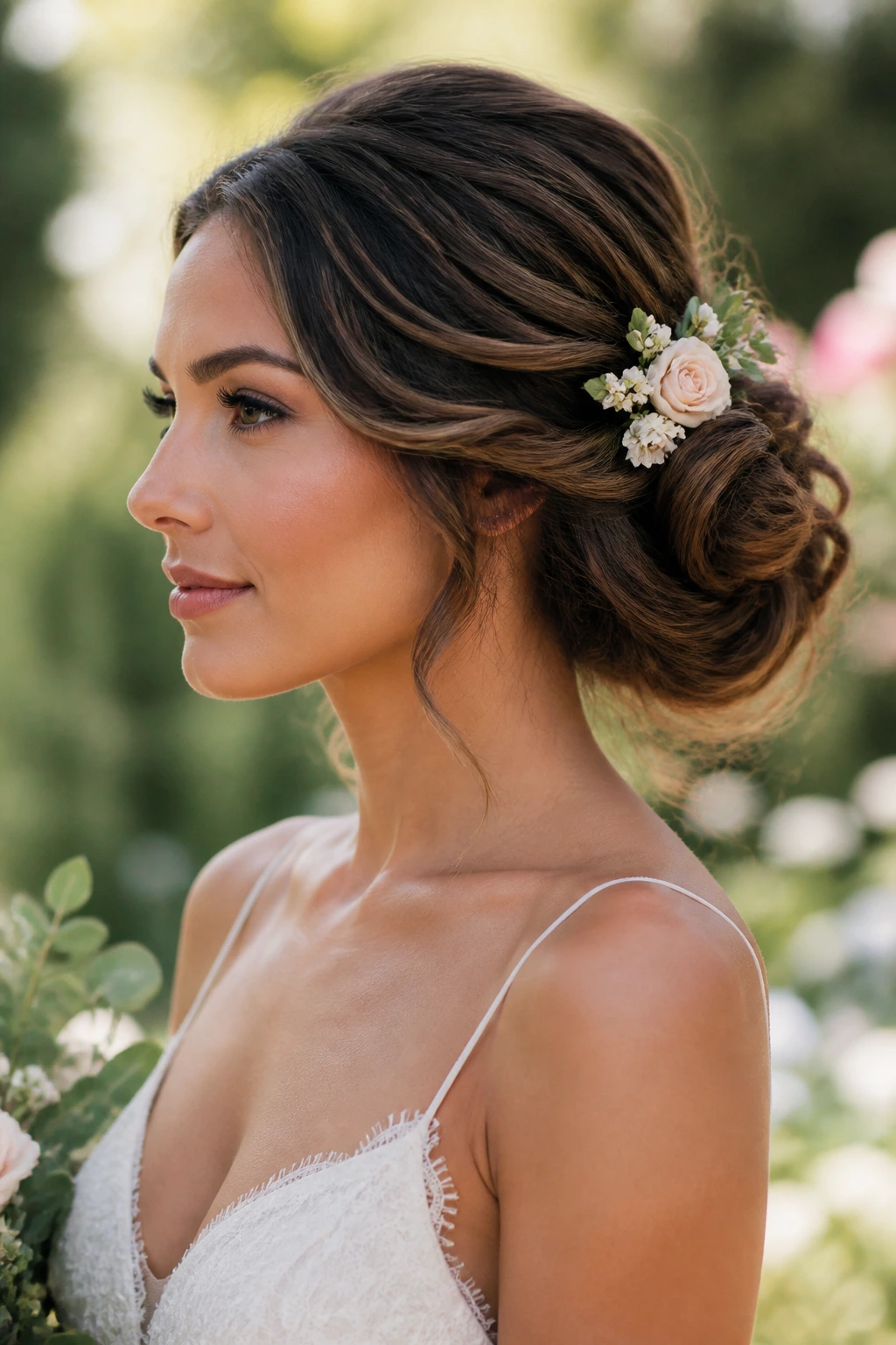 Profile view of floral side bun with soft bend and small blooms