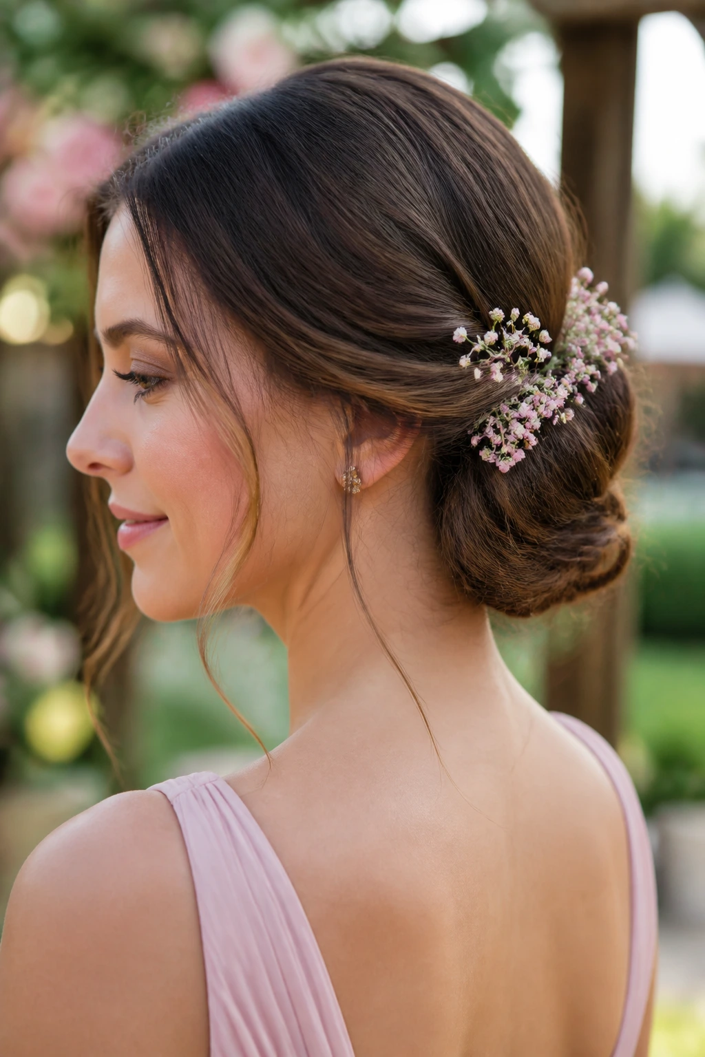 Close-up of a real woman with a low bun adorned with tiny blossoms