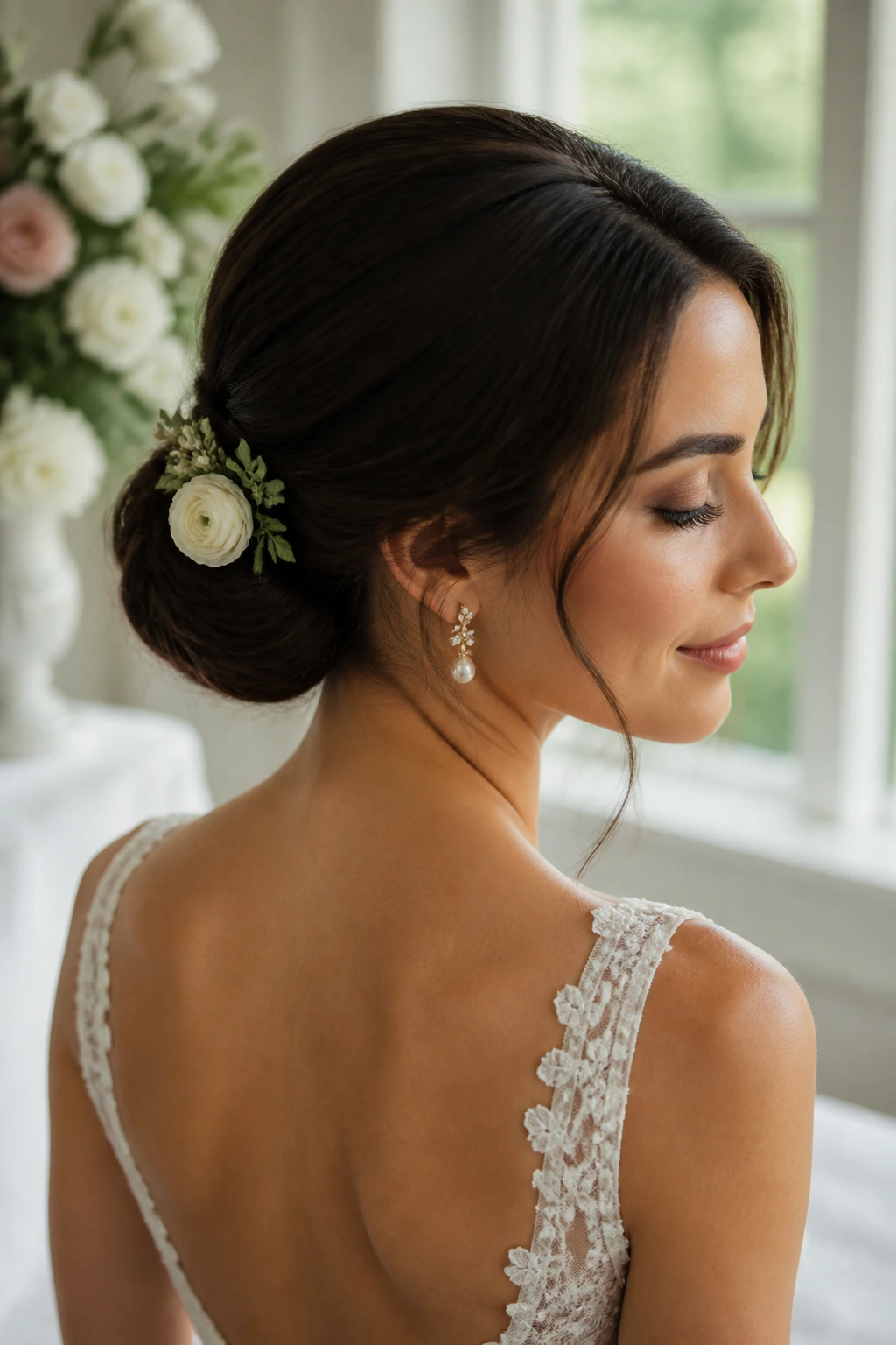 Close-up of a real bride wearing a low bun with a small floral sprig.