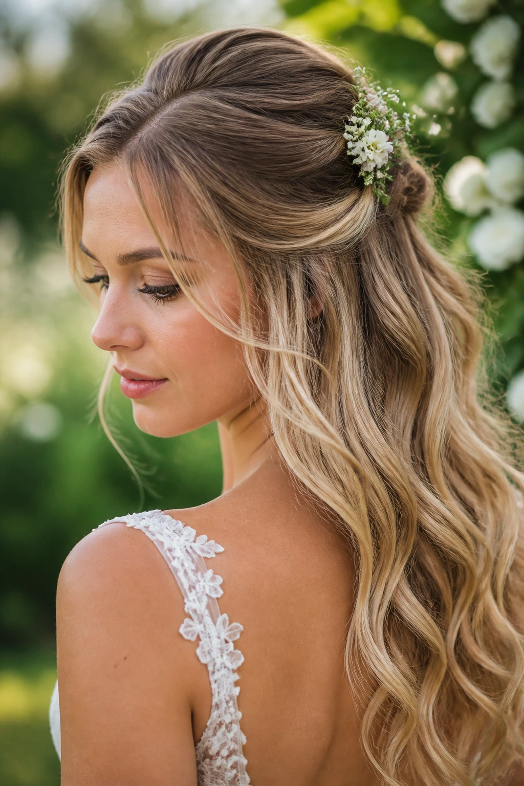 Close-up of a bride with a floral sprig half-up hairstyle in a garden.