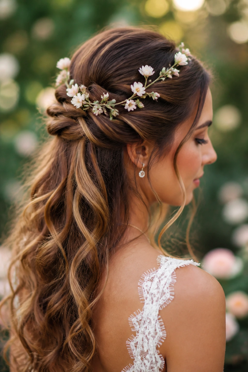 Bride with a floral vine woven through her half-up hairstyle in a garden setting