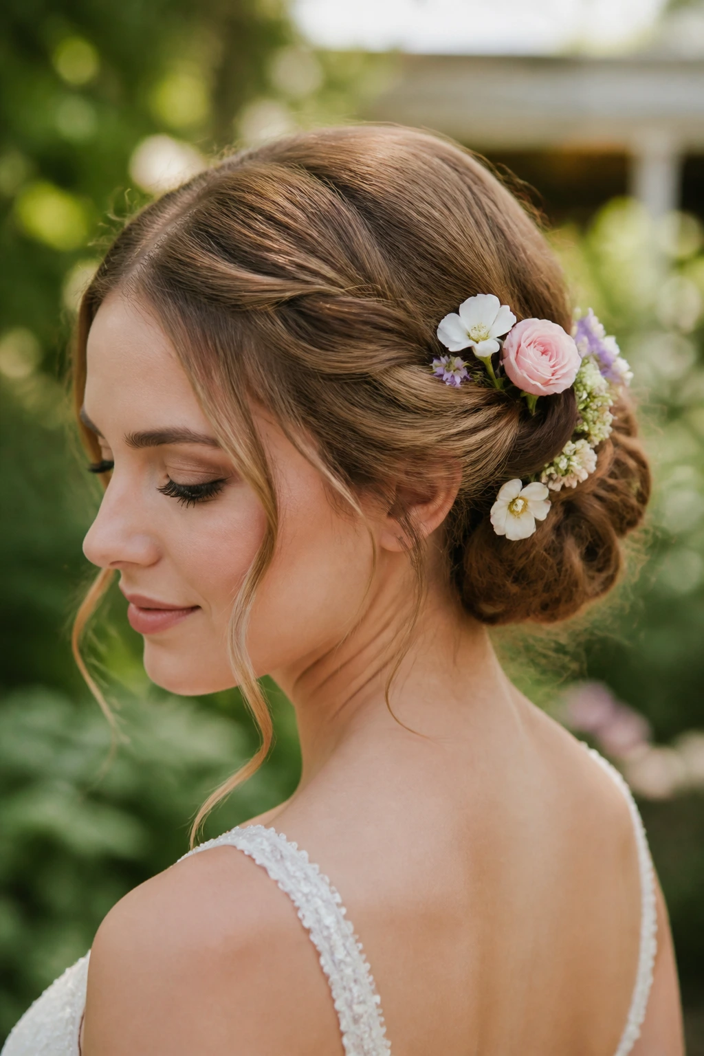 Real bride with floral woven bun in a garden ceremony setting