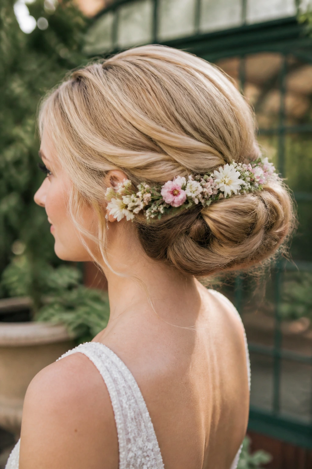 Bride with flower-accented garden bun and small fresh flowers tucked into the bun