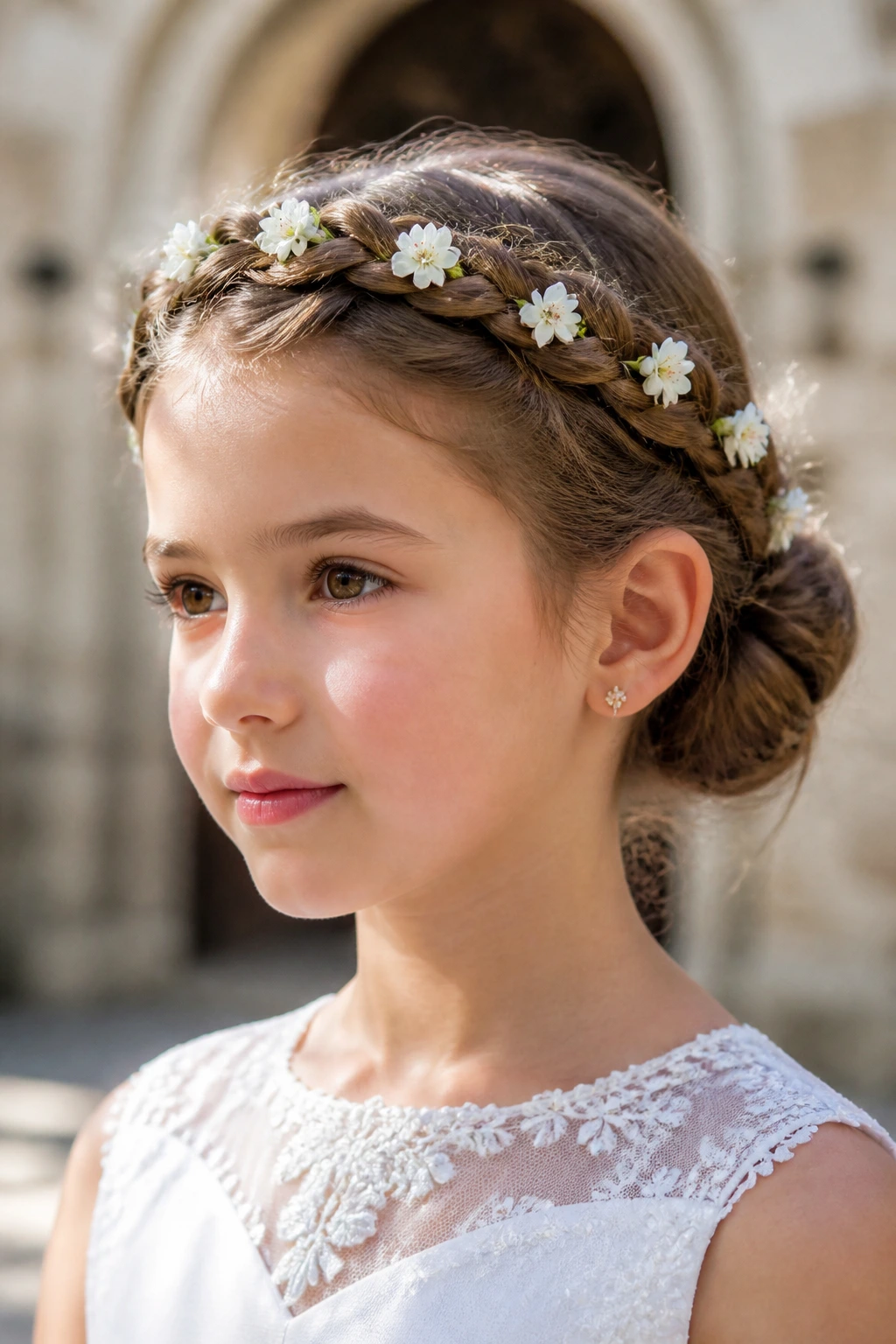 Front-side view of real child with flower-braid crown bun outdoors