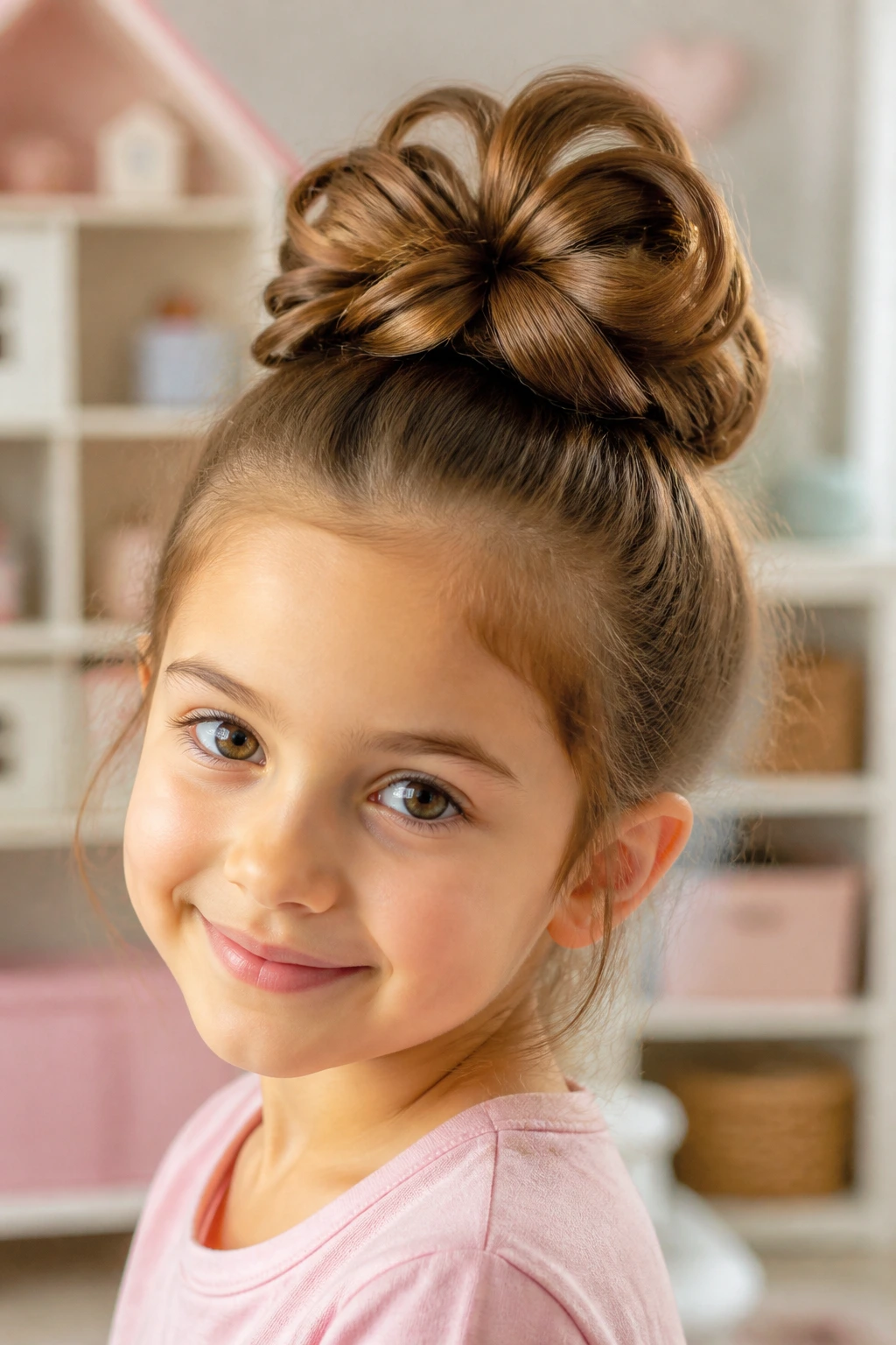 Girl with a flower bun hairstyle in a bright room