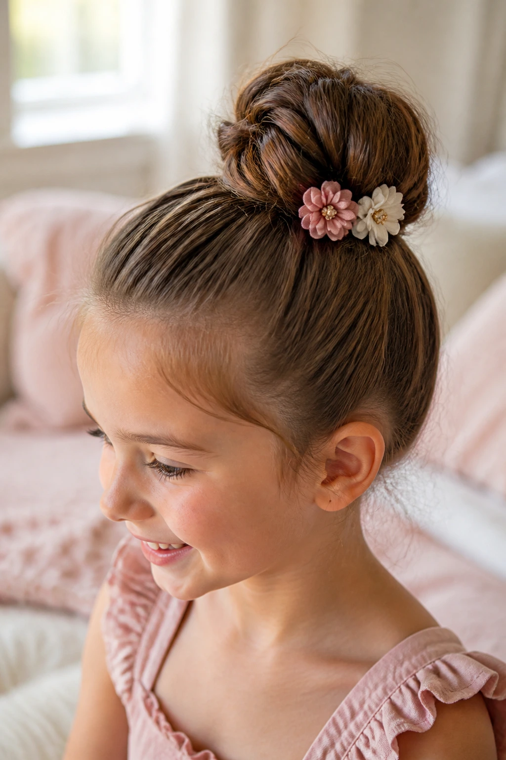 Close-up of a young girl's bun with fabric flower clips in natural bedroom light