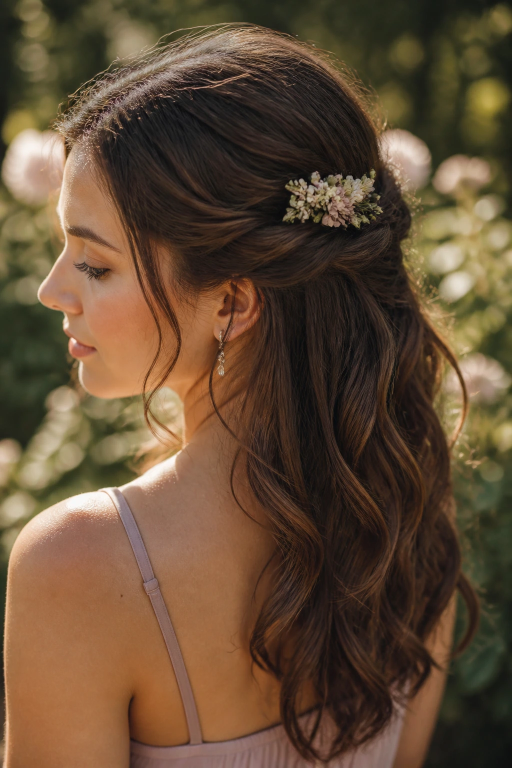 Close-up of a real woman with flower-pin half-up hairstyle and floral pins