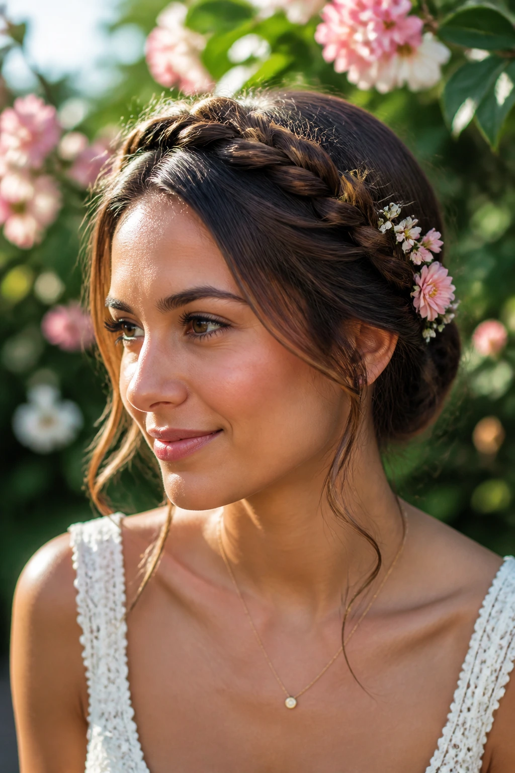 Close-up of a real woman's flower-pin halo braid in a sunlit garden
