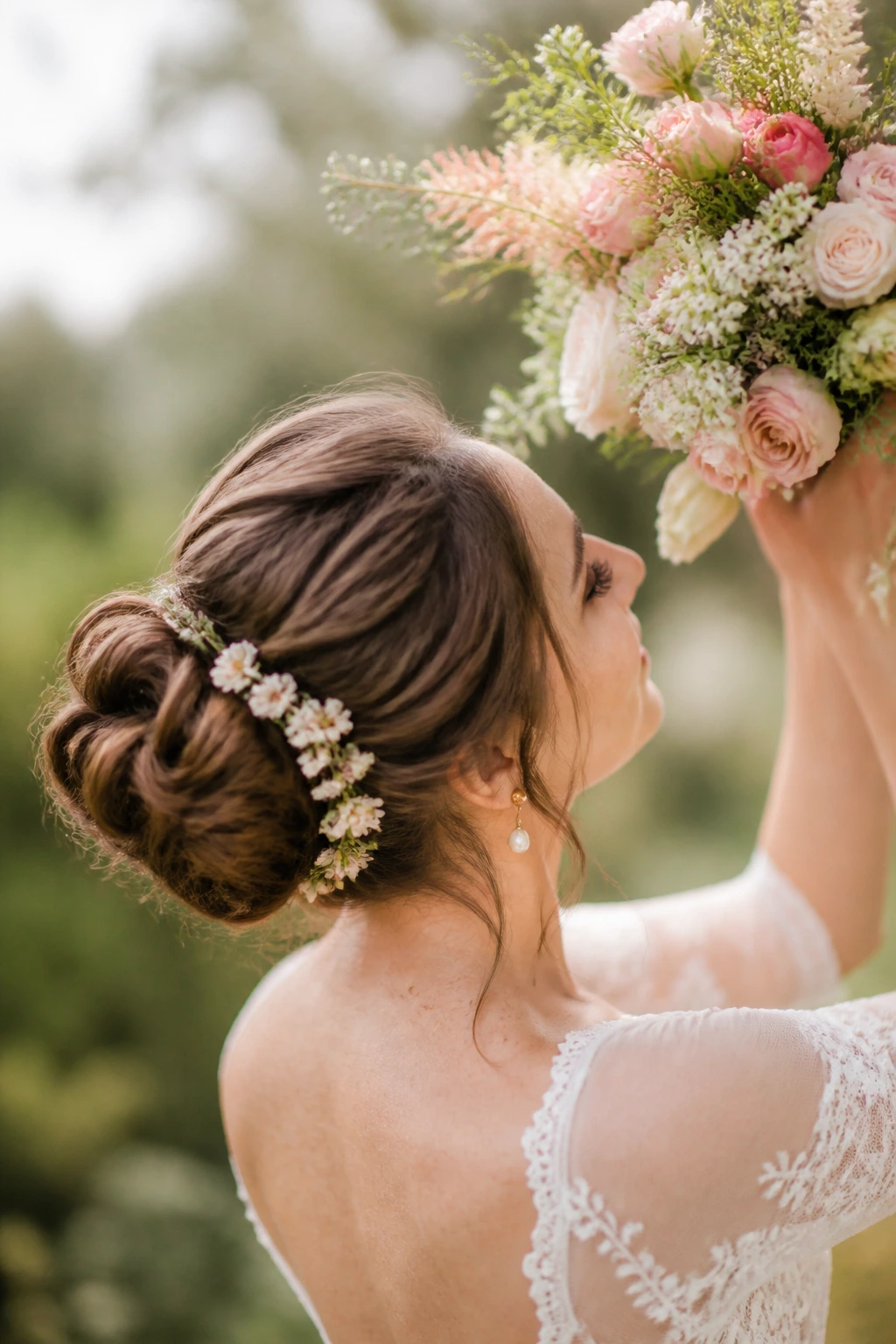 Close-up of a real bride with a flower-threaded bun and bouquet held upward