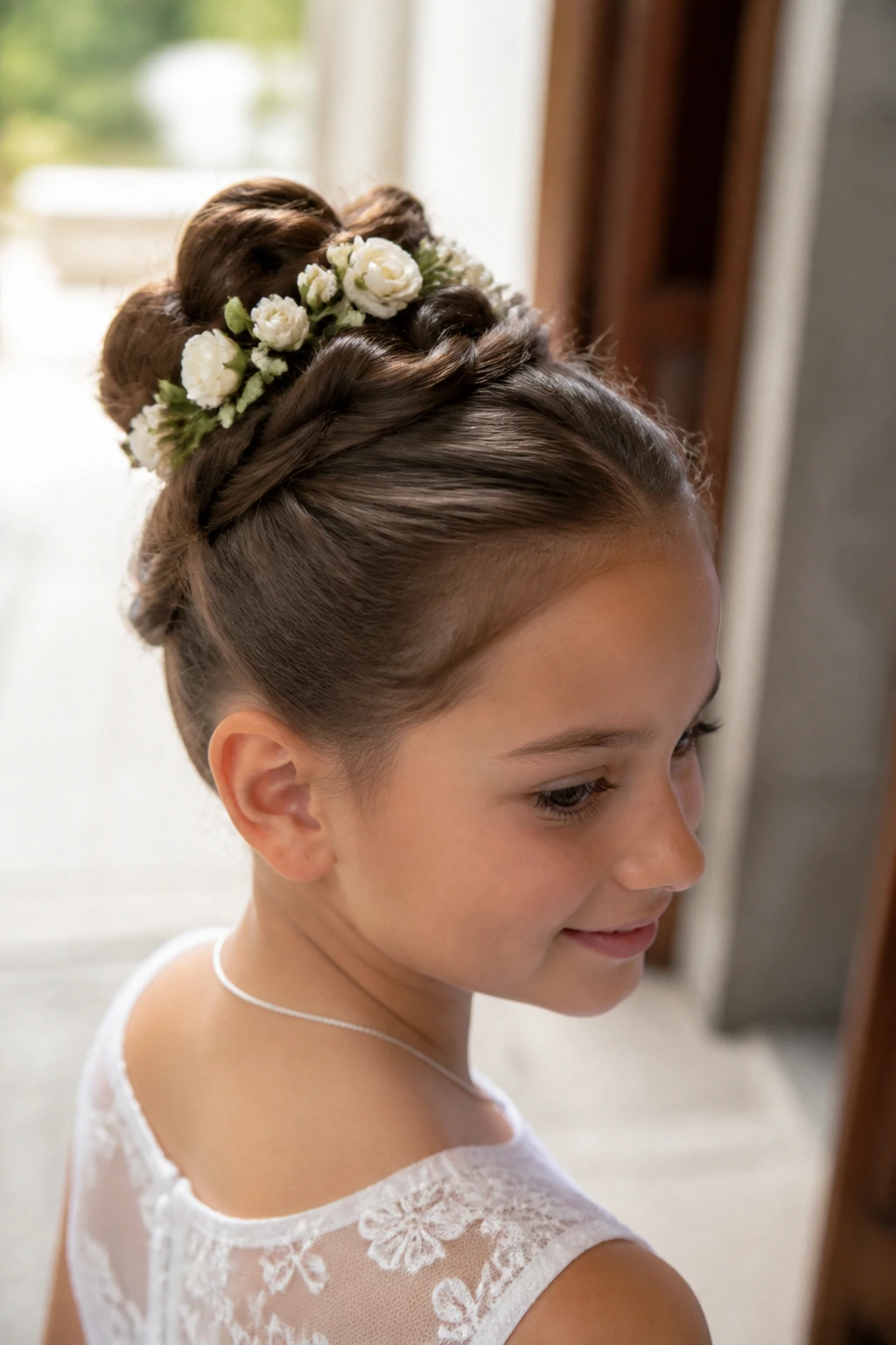 Child with woven bun and small white flowers in hair
