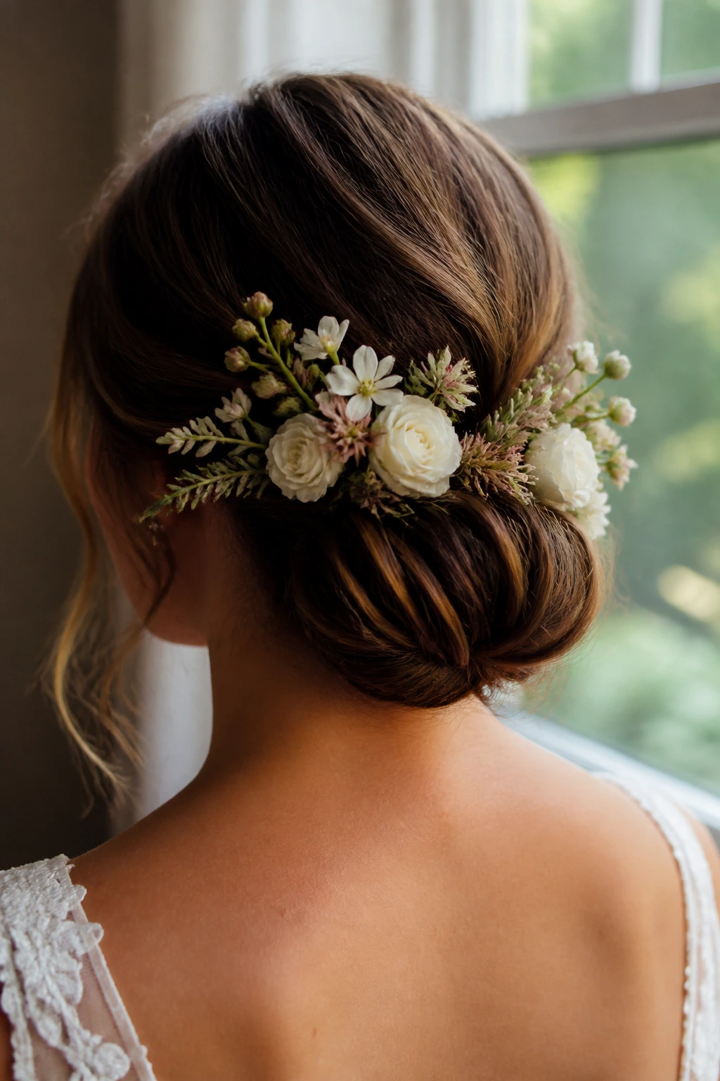 Back view of a bride's head with a low flower-adorned chignon.