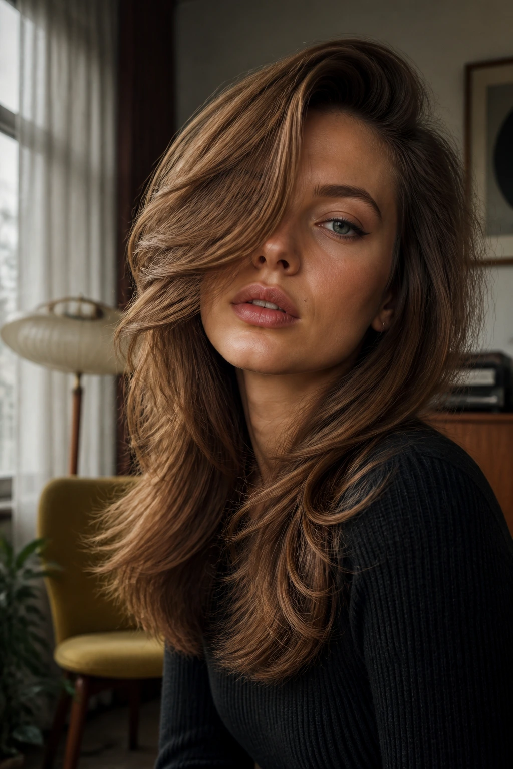 Portrait of a person with a deep side part and flowy layers.