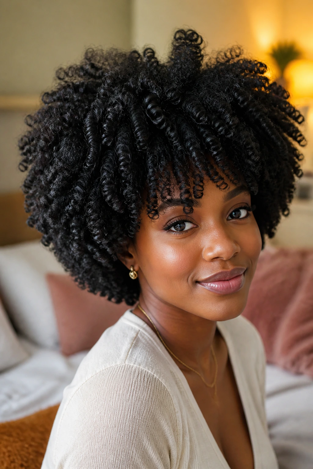 Close-up of a fluffed coil fro on a real person