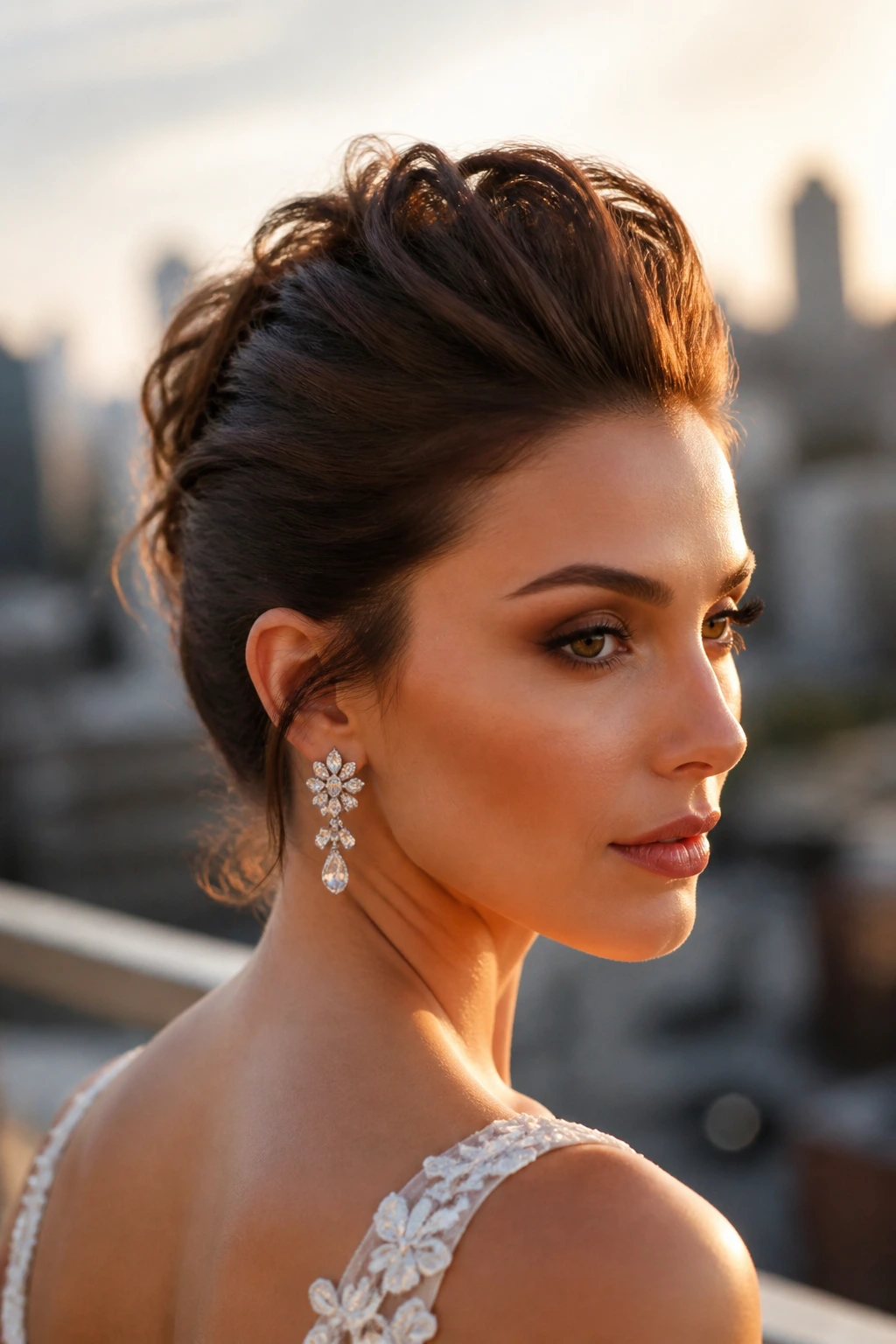 Close-up of a real bride with a fluffy faux-hawk updo