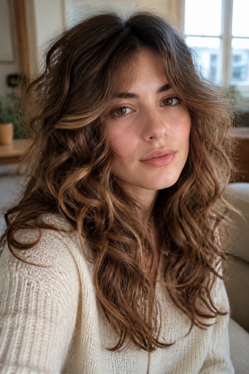 Close-up portrait of a real person with fluffy hair showing lift and texture.