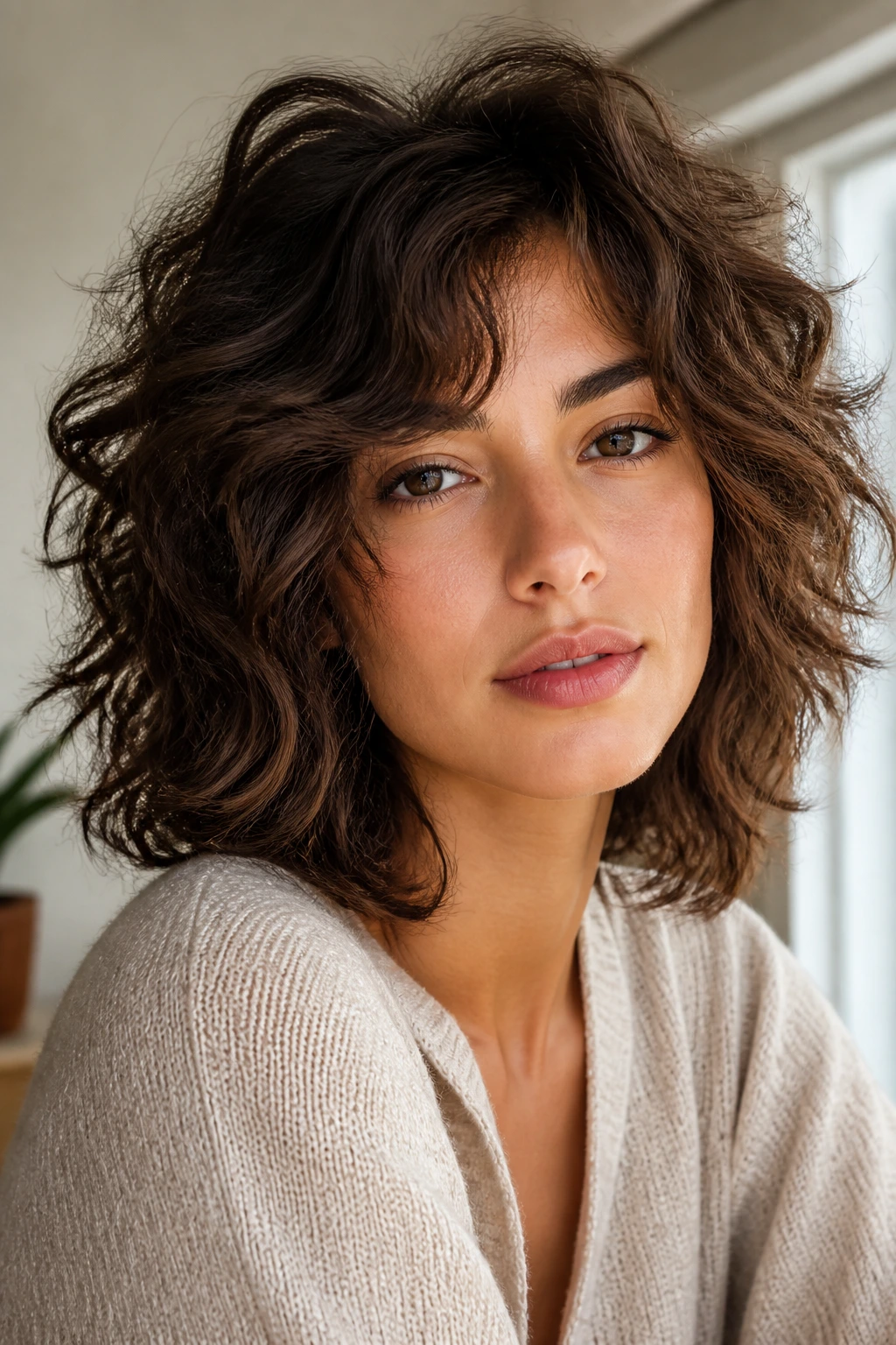 Close-up portrait of a real person with textured hair choosing a fluffy haircut.