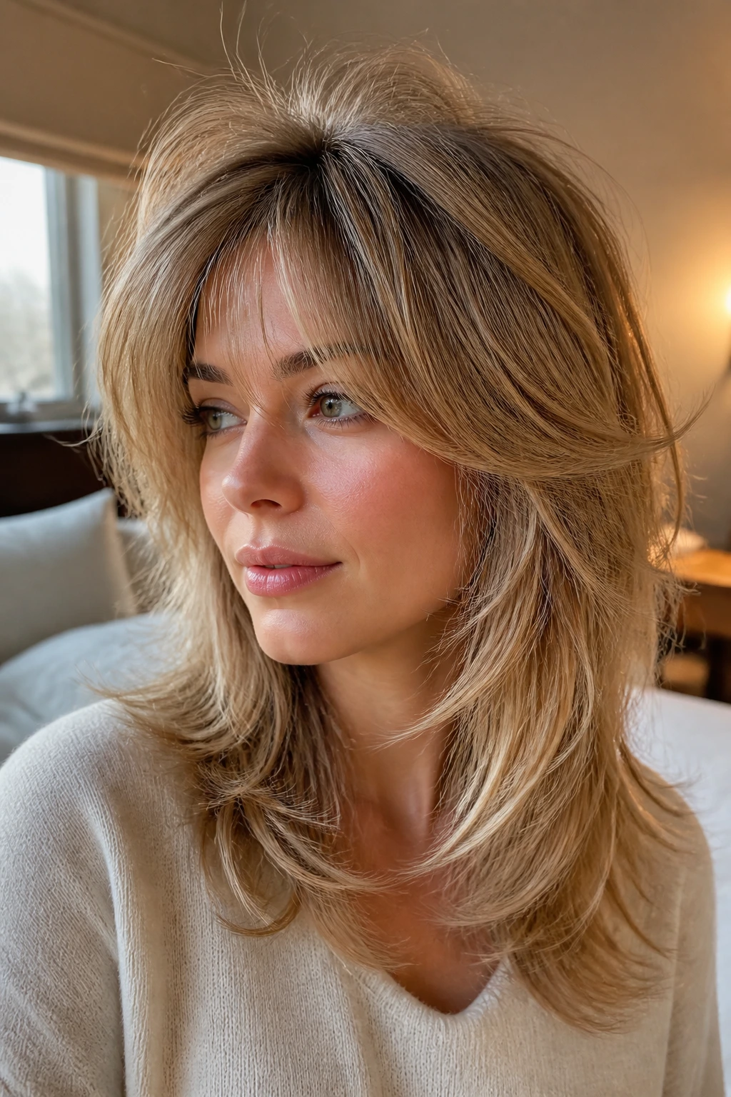 Close-up of a real woman with fluffy haircuts showing crown lift and soft layers