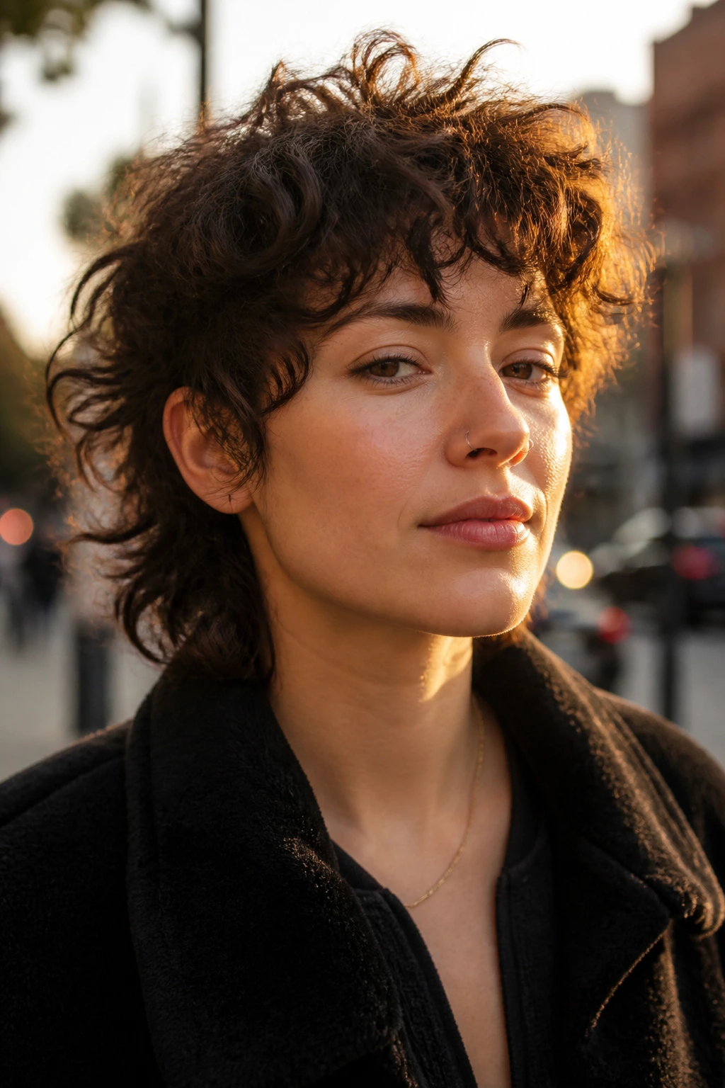 Close-up portrait of a person with fluffy mini wolf mullet hairstyle