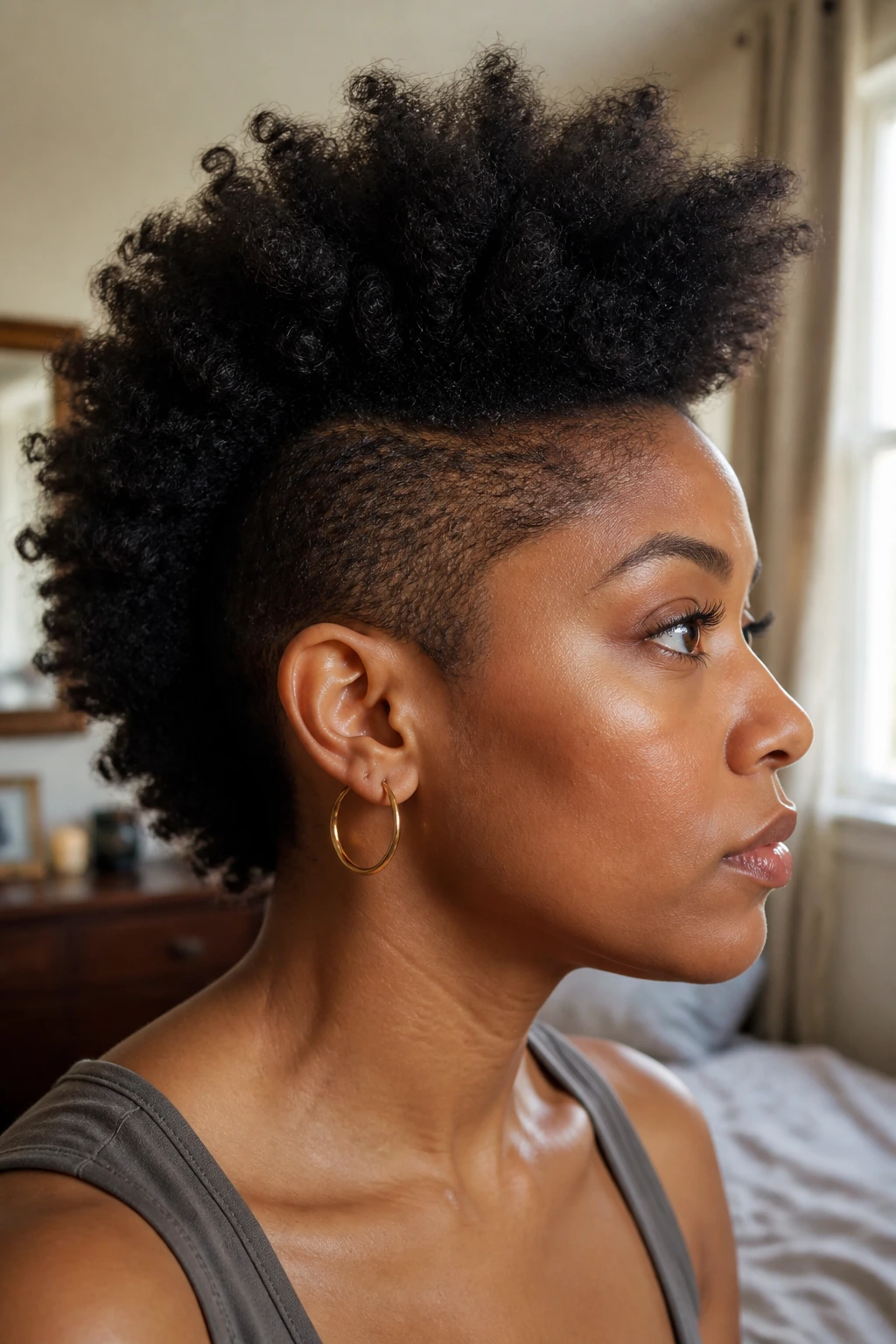 Close-up of a real person with a fluffy picked-out mohawk on short natural hair