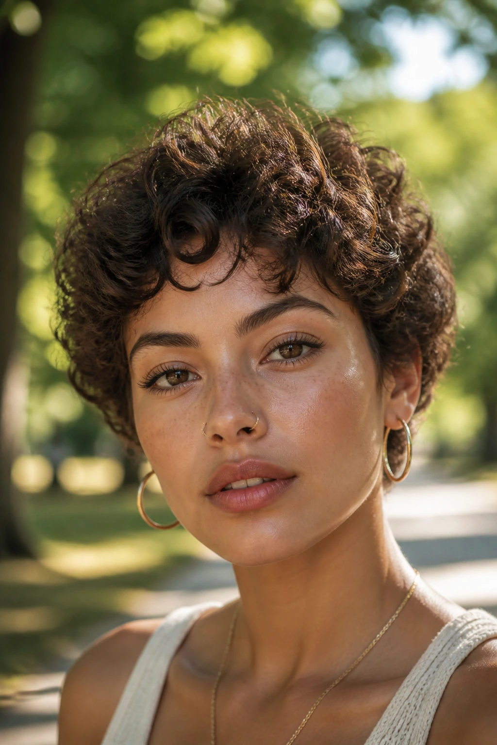 Close-up of person with fluffy rounded crop close to head