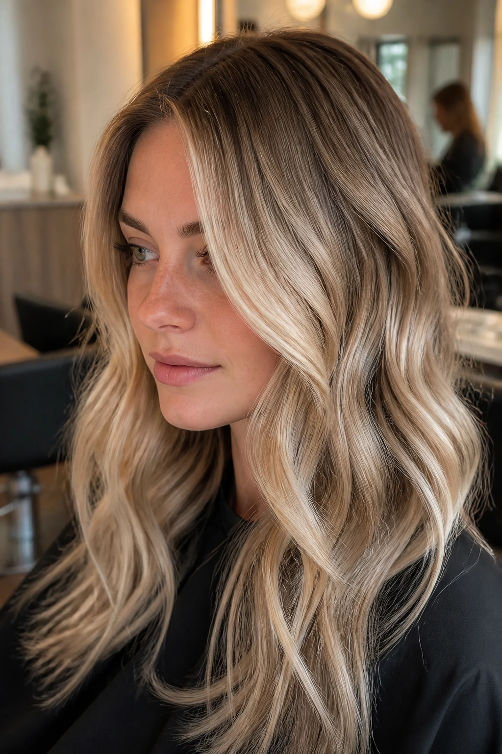Close-up of a real woman's head showcasing beige blonde foilayage lifted near the face on wavy hair