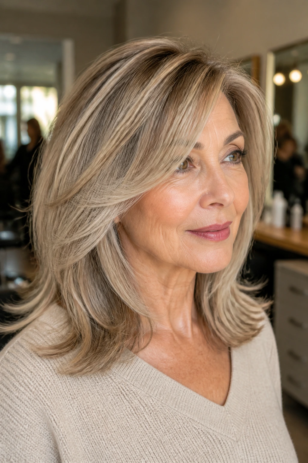 Close-up woman with sandy beige foilayage on layered hair
