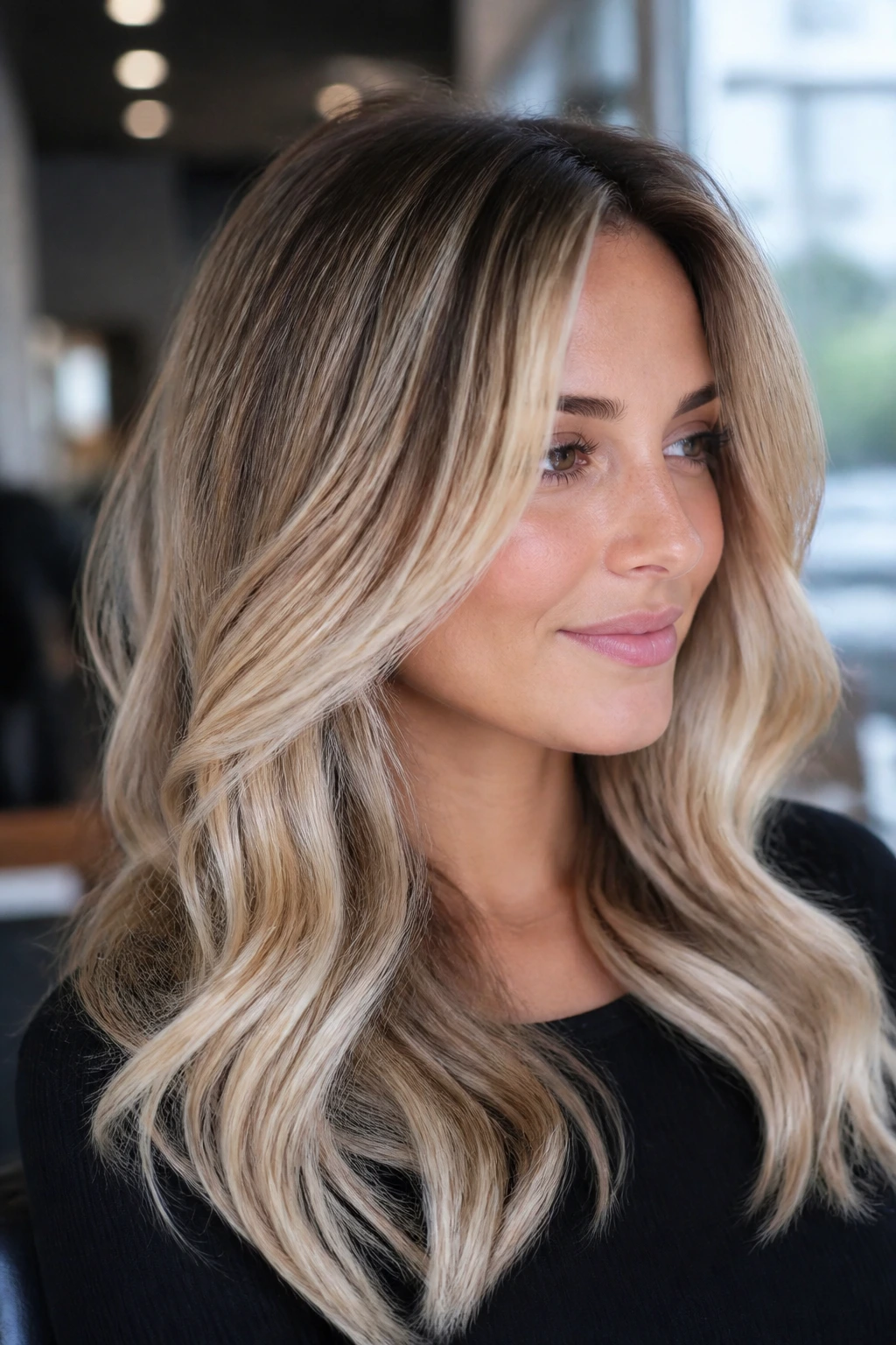 Close-up of dimensional foilayage blonde on a real woman with depth at roots and bright ends.