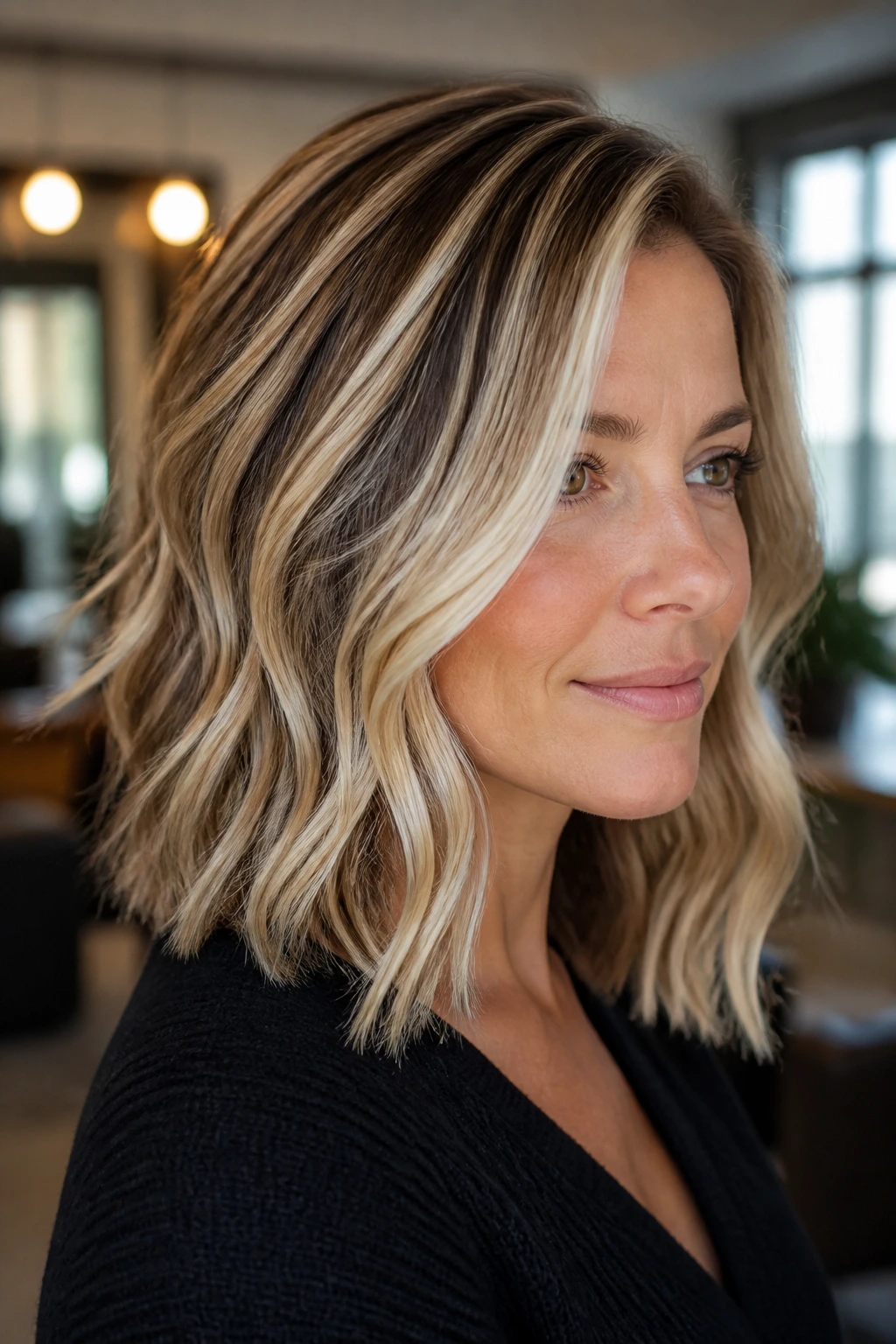 Close-up of dimensional foilayage with chunky ribbons on medium-length hair