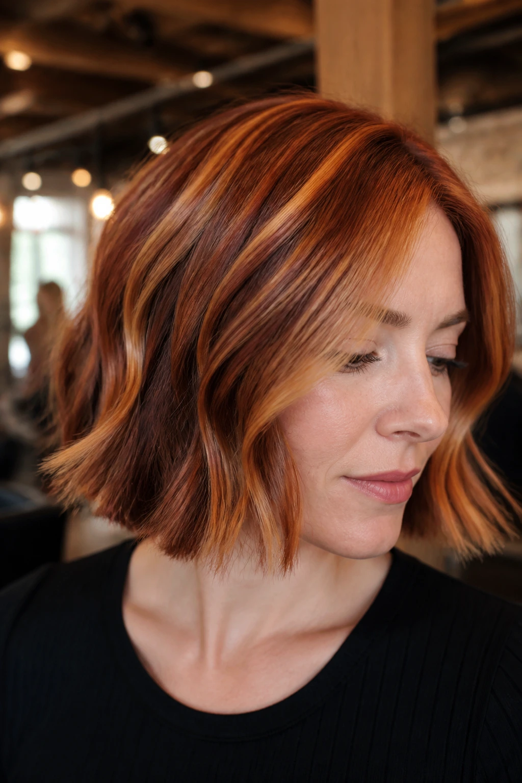 Close-up of a real person with copper foilayage in a bob.