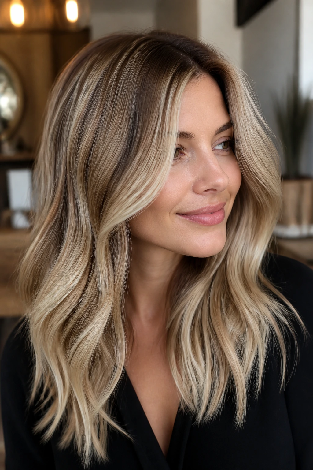 Close-up of a woman showing dimensional blonde tones with foilayage