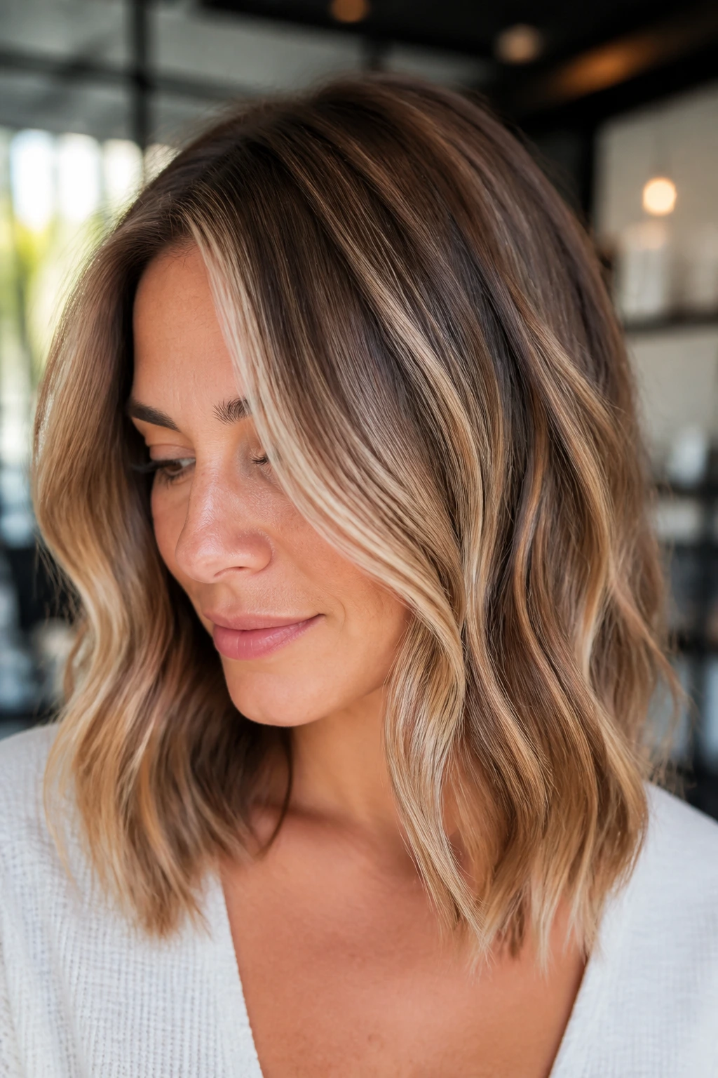 Close-up portrait of a real person showing soft foilayage highlights on dark blonde hair