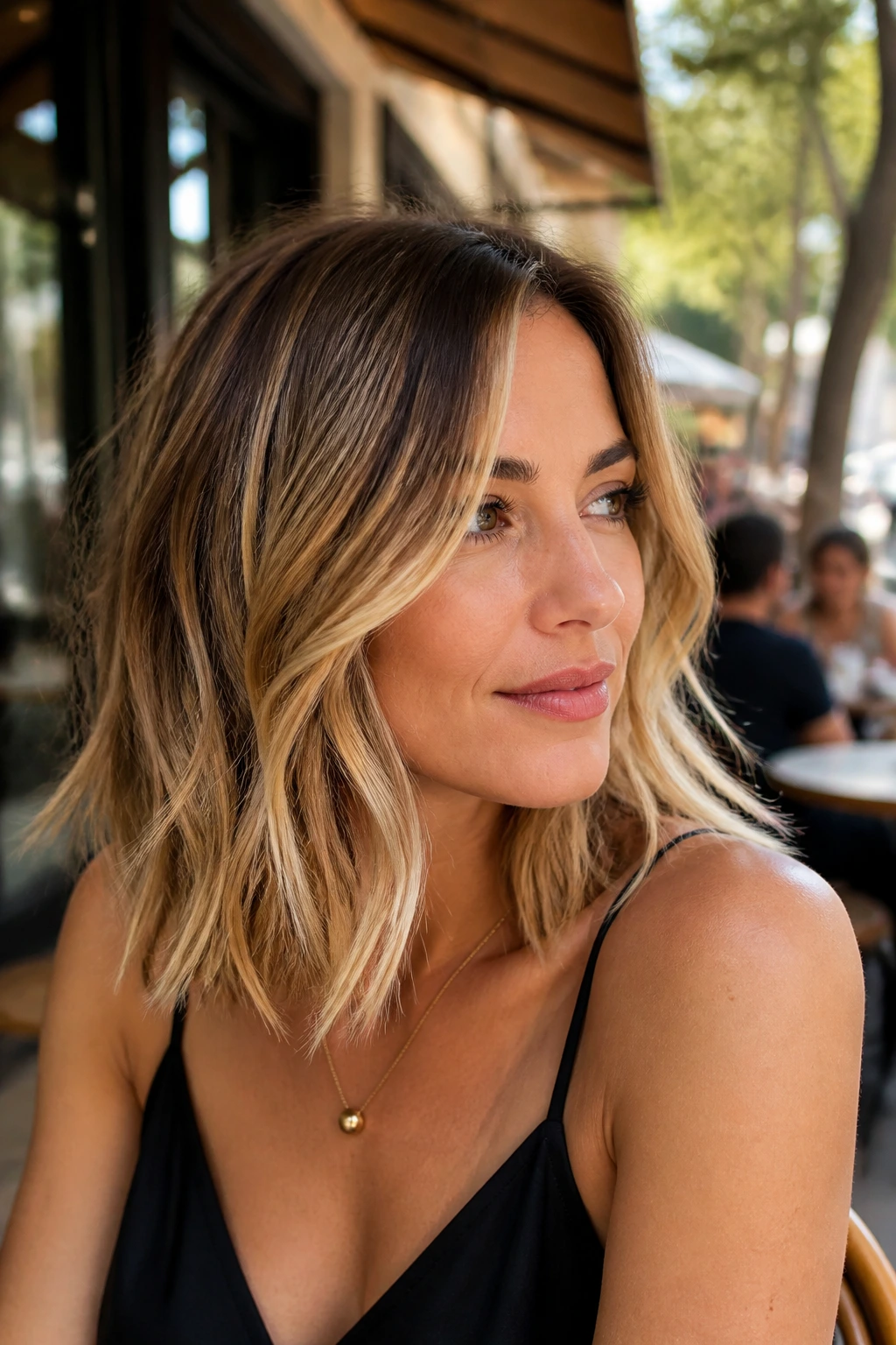 Close-up of a real woman with honey blonde foilayage on medium-length hair.
