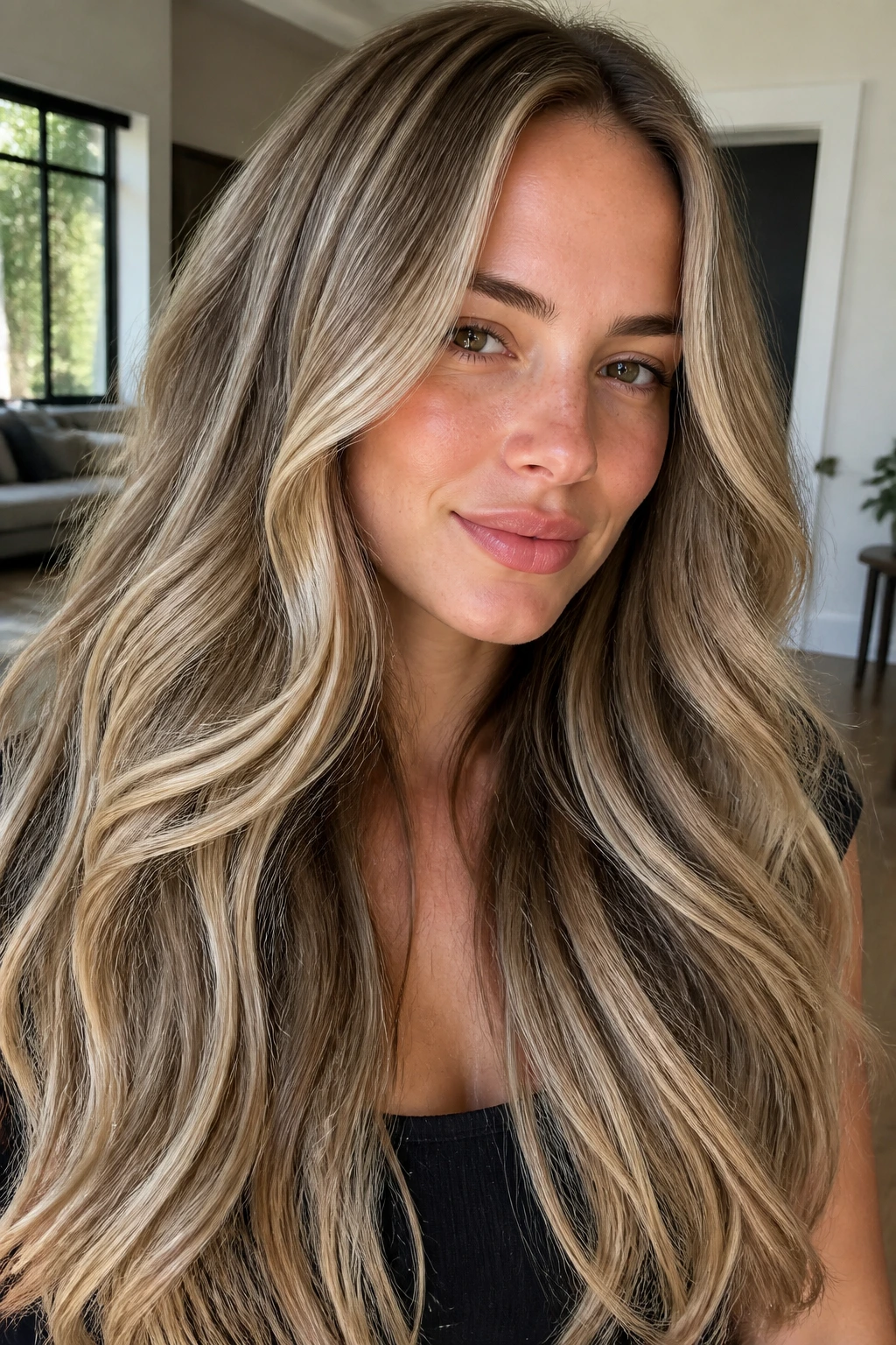 Close-up portrait of a real woman with soft foilayage on long dense hair