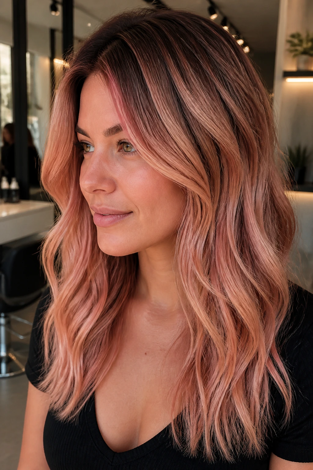 Real woman with shadow-root rose gold foilayage color progression