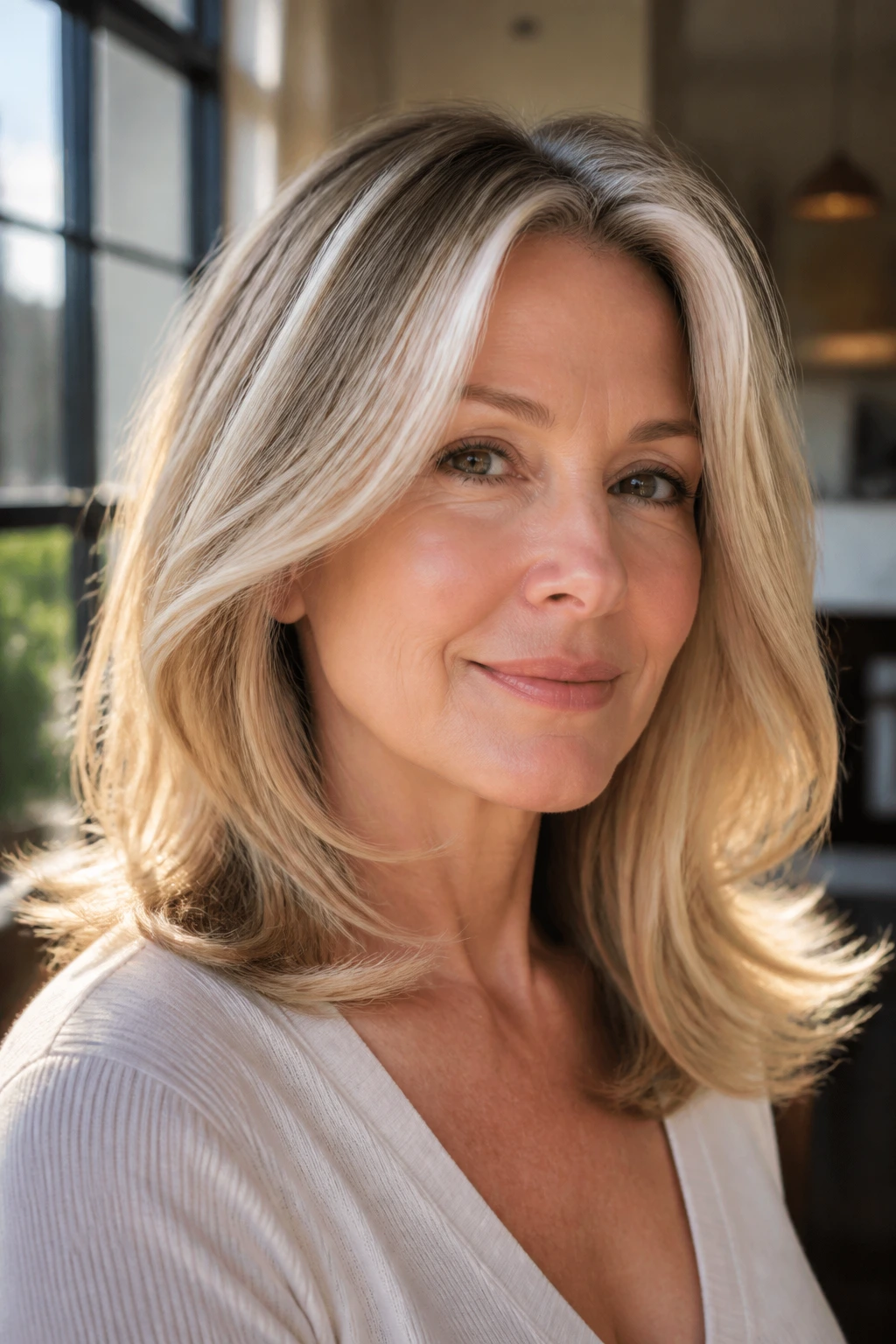 Close-up portrait of a real woman with sunlit foilayage and soft ends in natural daylight