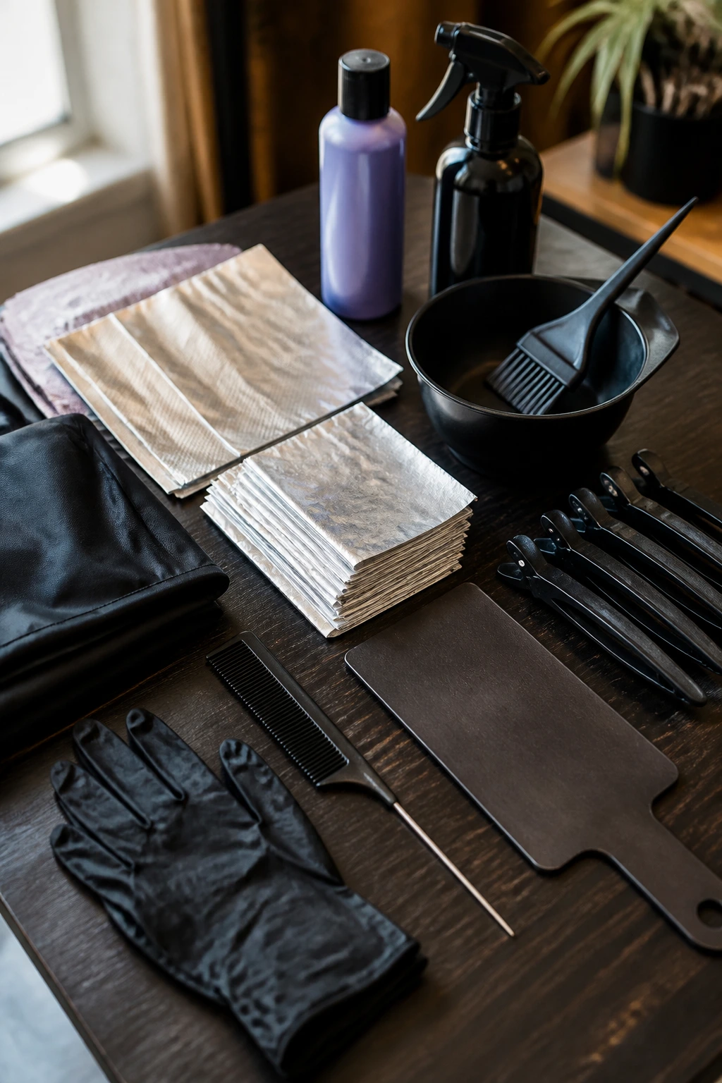 Close-up of foilayage tools arranged on a salon counter