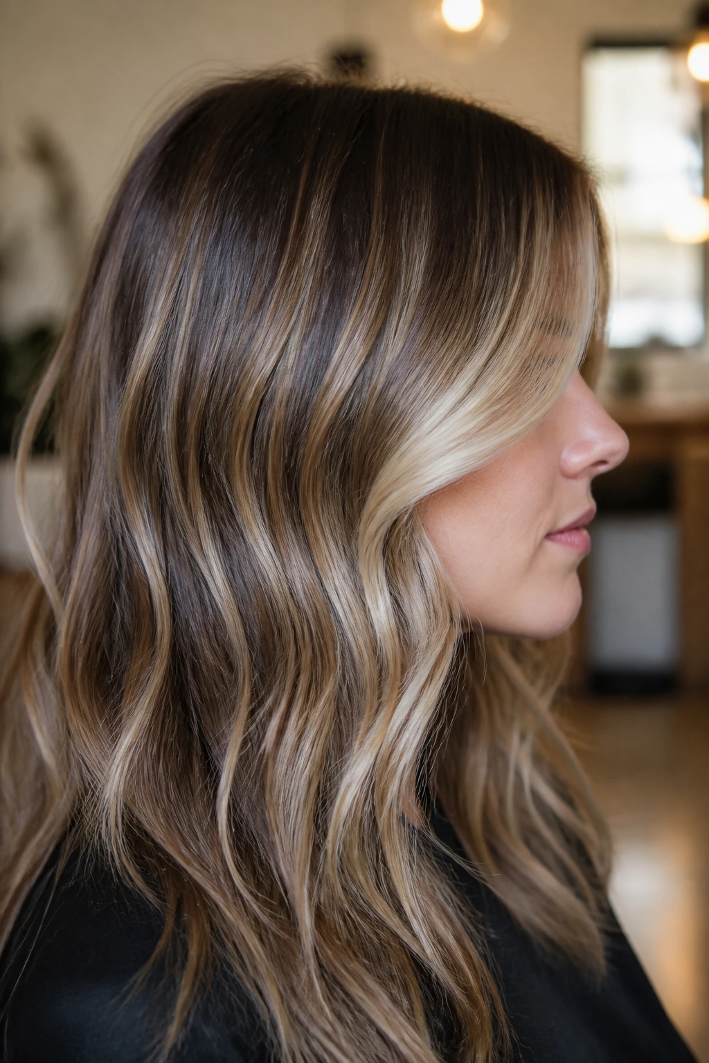 Side profile showing foilayage variations in hair