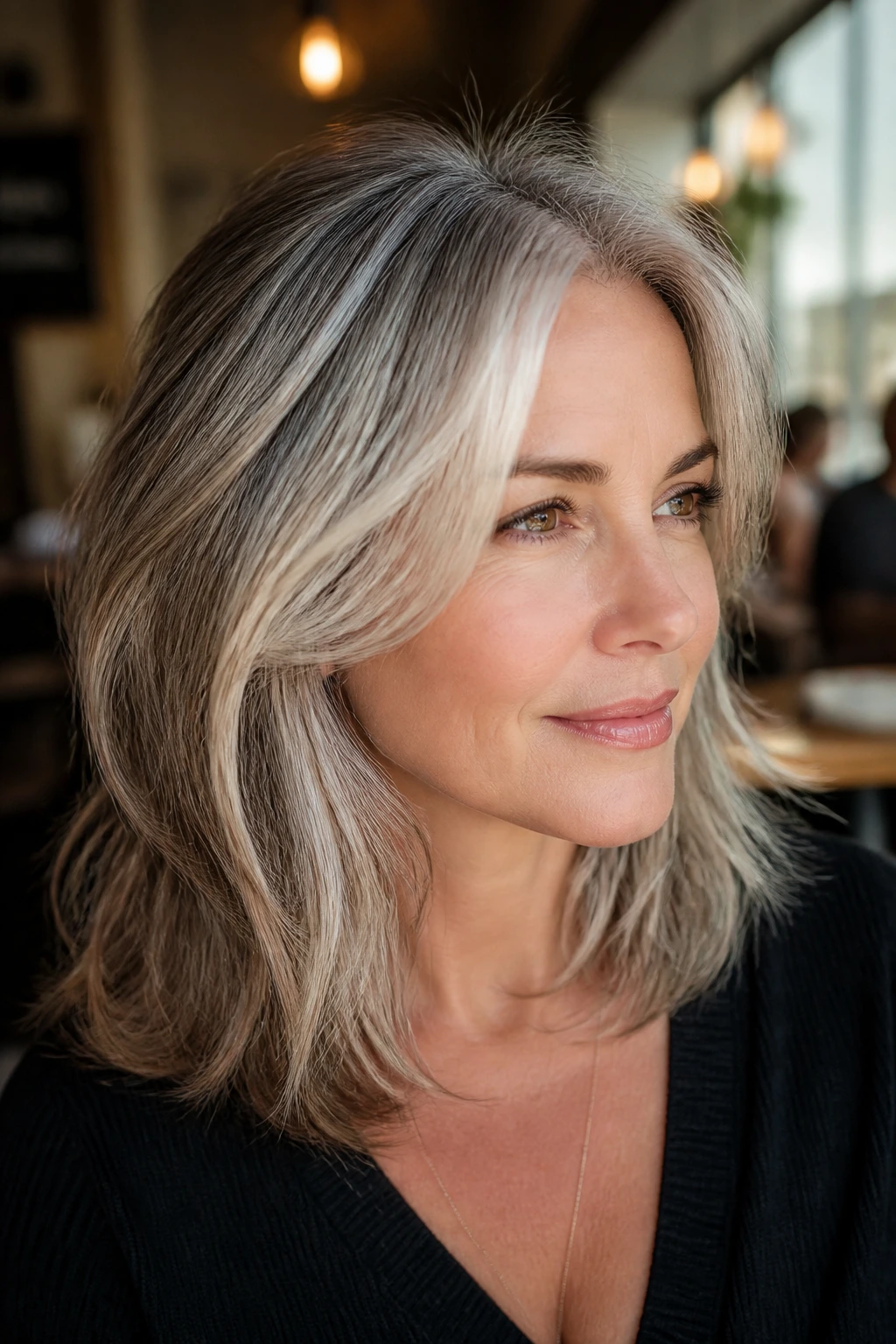 Portrait of a real woman with soft foilyage grow-out highlights around the face.