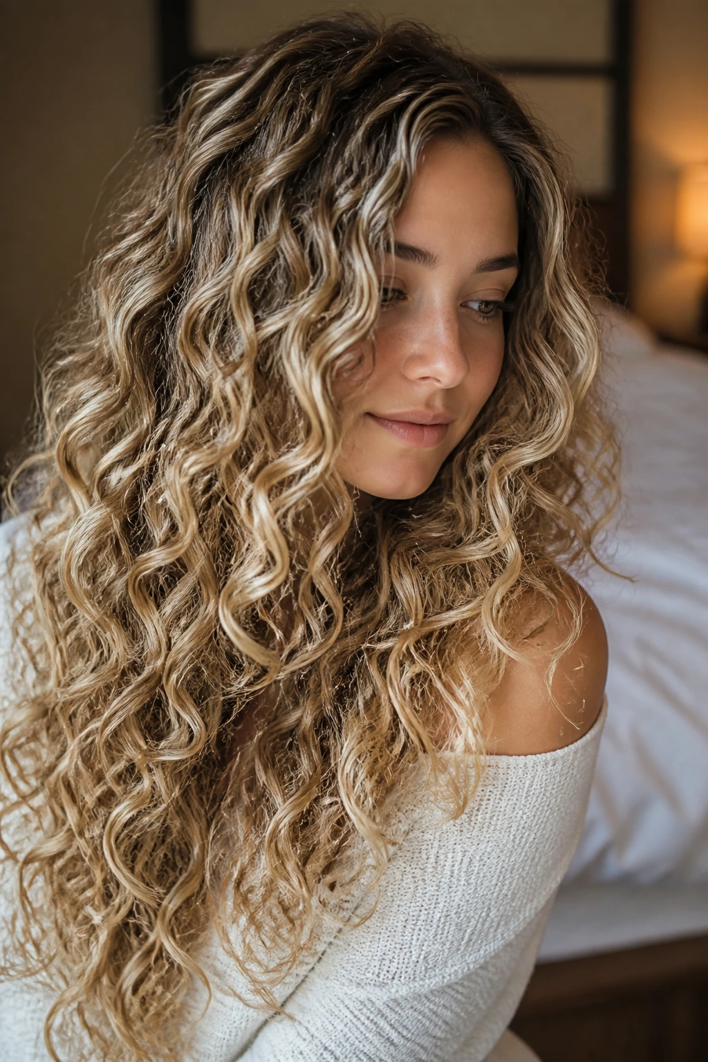 Close-up of a real woman with long curls showing soft beige honey foilyage
