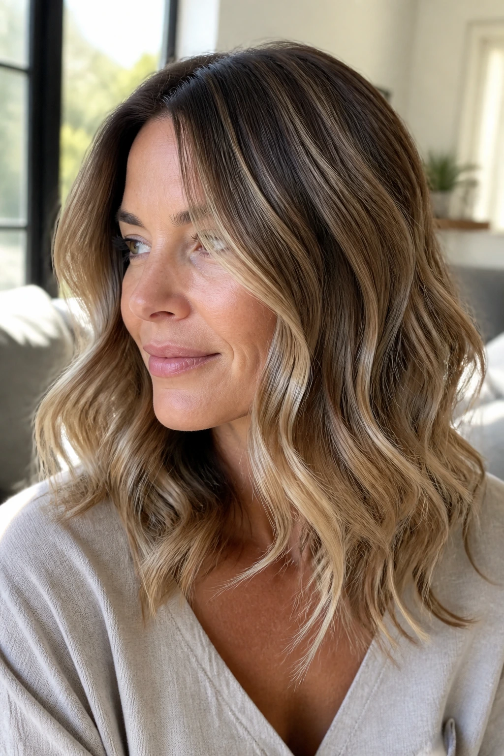 Shoulder-length wavy hair with foilyage highlights in soft tones, sunlit setting